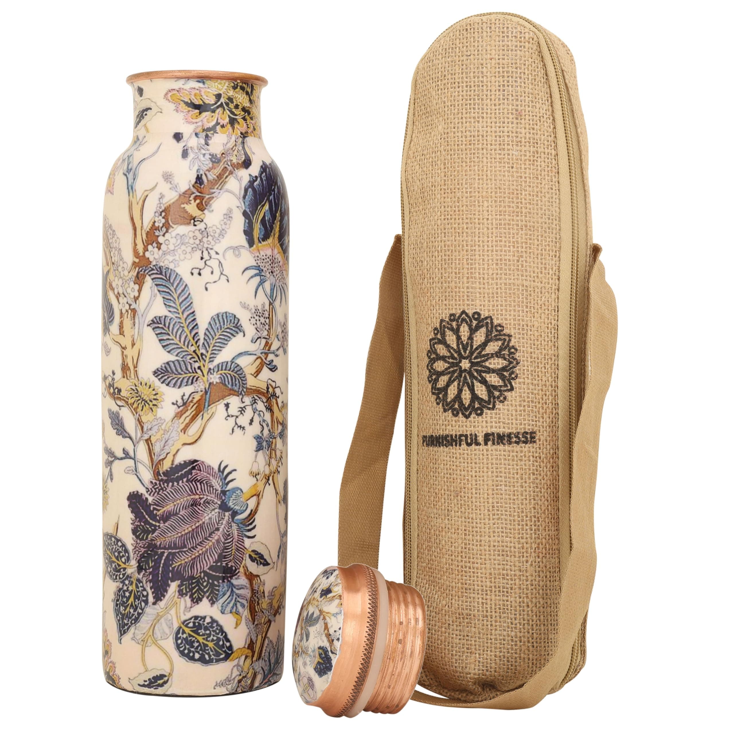 Pure Copper Water Bottle 34 Ounce Copper Bottle with JUte Carry Bag For Gym Office (Pack of 1, White Floral)
