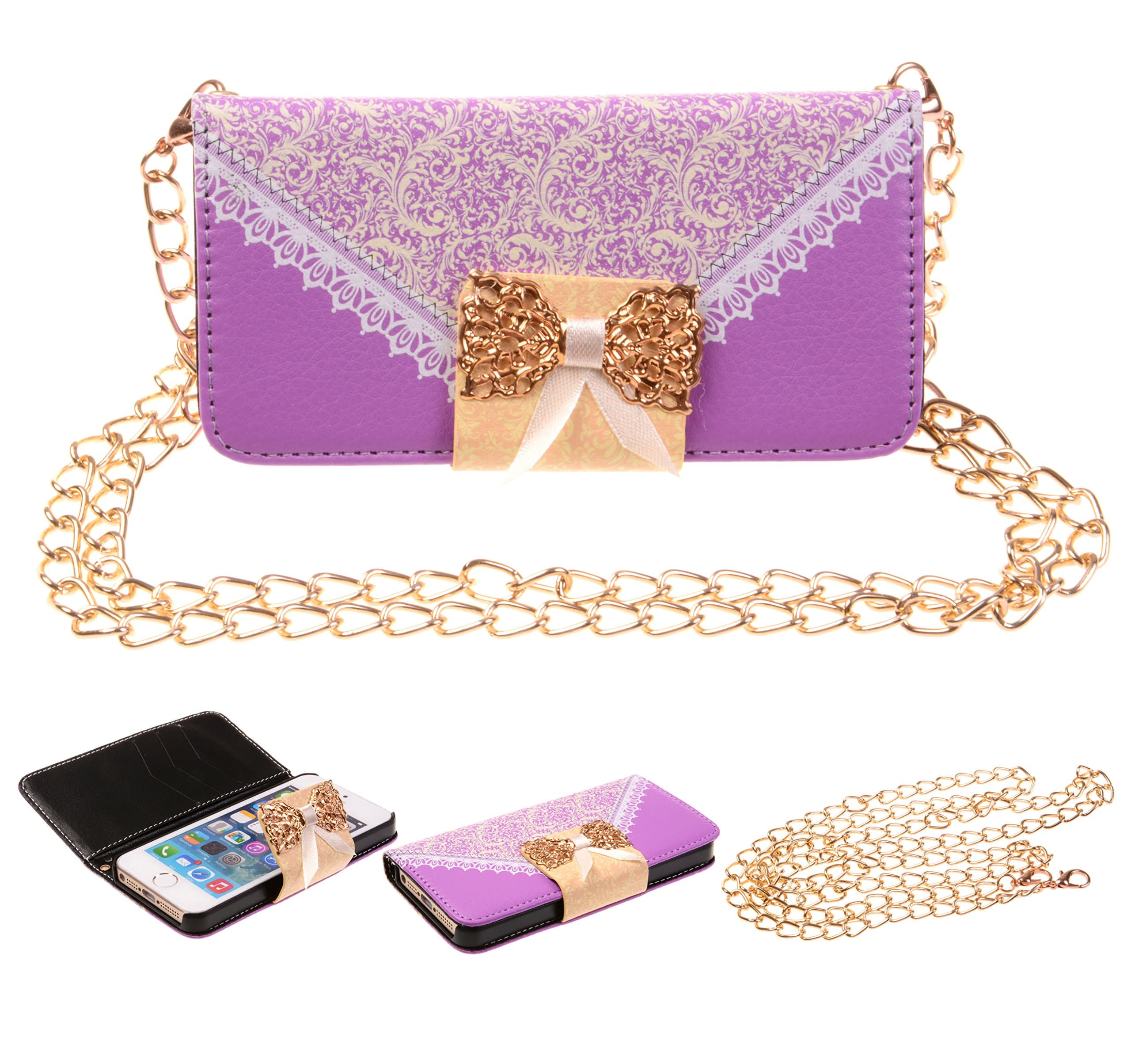 Nine States Synthesis Leather Handbag Style Folio Protective Case for Apple iPhone 5 5S with a Removable Long Strap and Slots and Bownot Magnetic Belt + a Nine States Logo Pouch (Purple)