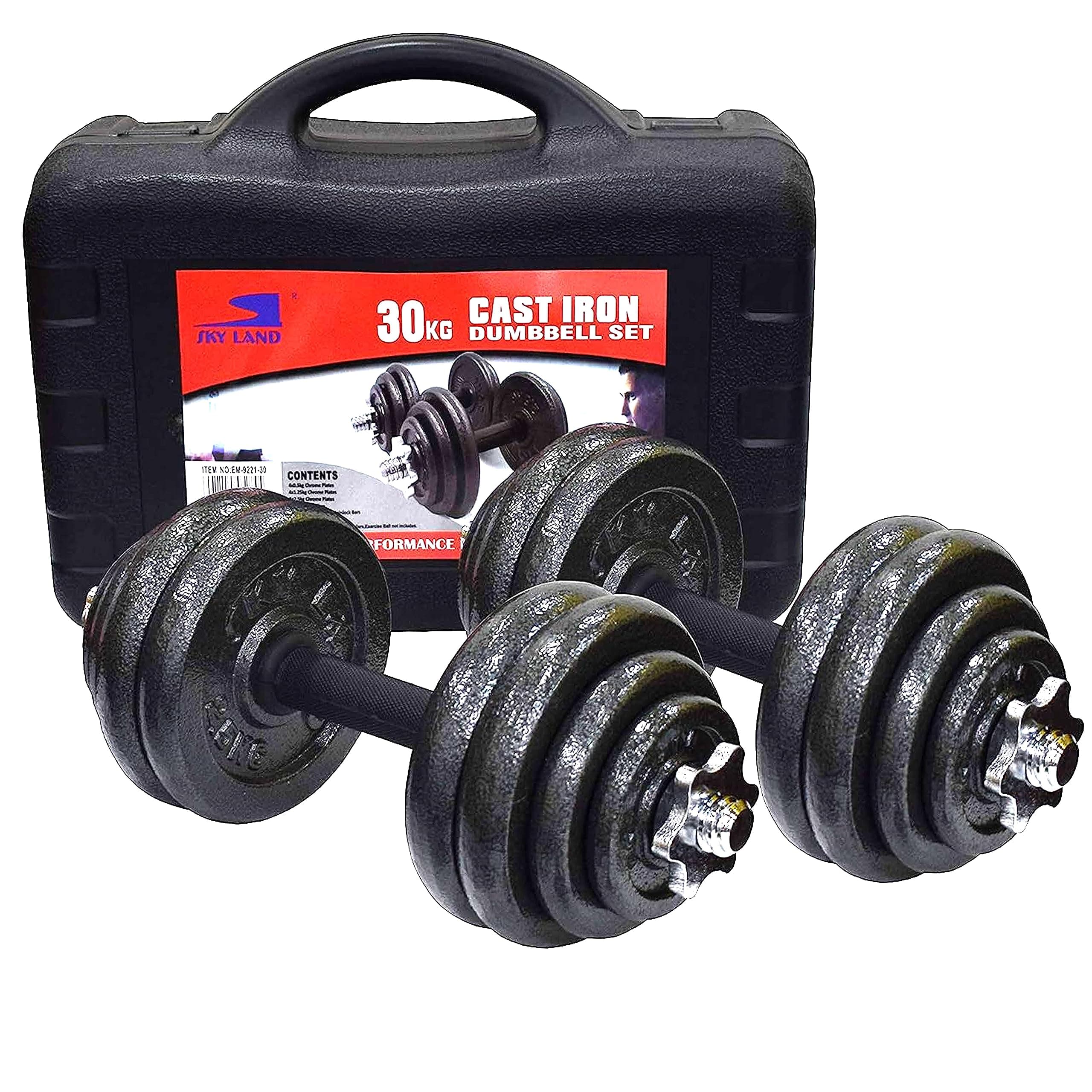 SKY LAND Cast Iron Dumbbell Set 30KG EM-9221-30 – Adjustable Dumbbell Set for Home Gym, Chrome Handles, Anti-Slip Grip, Star Lock Collars, Durable Black Finish – Unisex Adult Strength Training Set