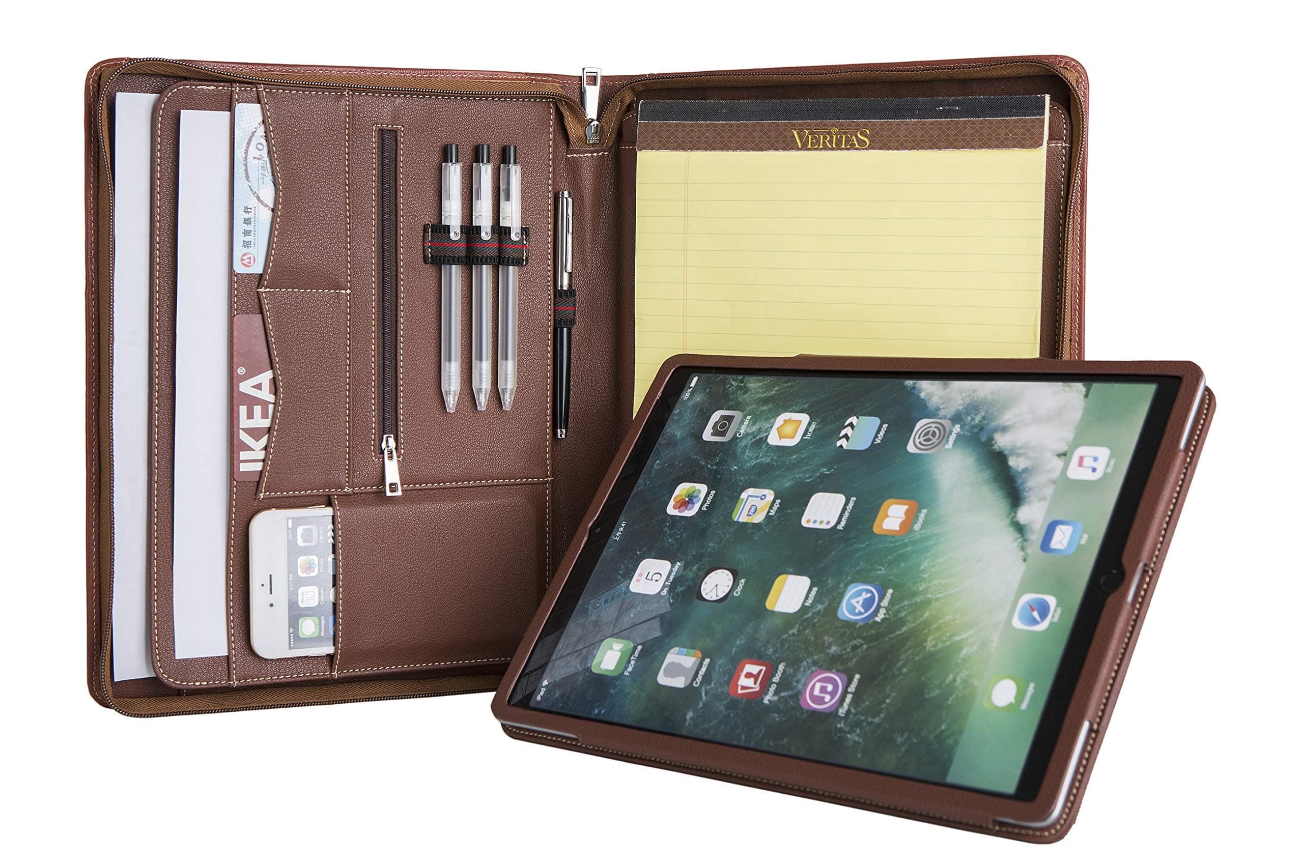 Professional Portfolio with Stand Tablet Holder for iPad Pro 12.9 (3rd gen 2018), Full-Grain Cow Leather Padfolio Case Zippered Business Organizer Interview Meeting Document Holder