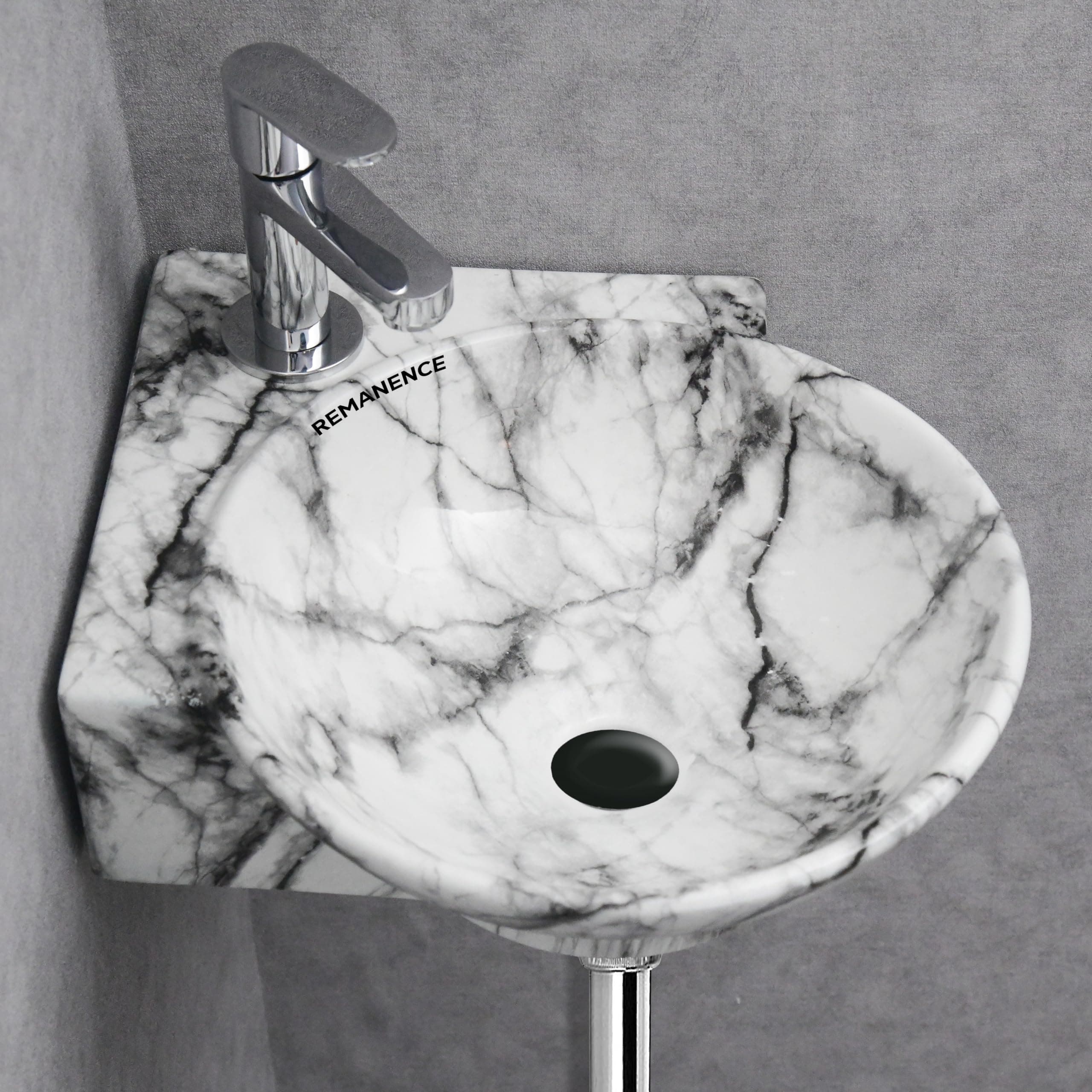 REMANENCE Wall Mounted Wash Basin for Bathroom | Ceramic Wash Basin Wall Hung Small Corner Wash Basin/Sink (16.3 x 13.8 x 4.3 Inch) (White Black Stripe)