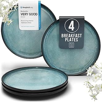 PURE LIVING INTERIOR DESIGN Small Dinner Plates Set of 4, 7.5" Stoneware Plates, Stylish Salad Plates, Dessert Plates Ceramic, Dishwasher and Microwave Safe Ibiza dark petrol Blue Ceramic Plates