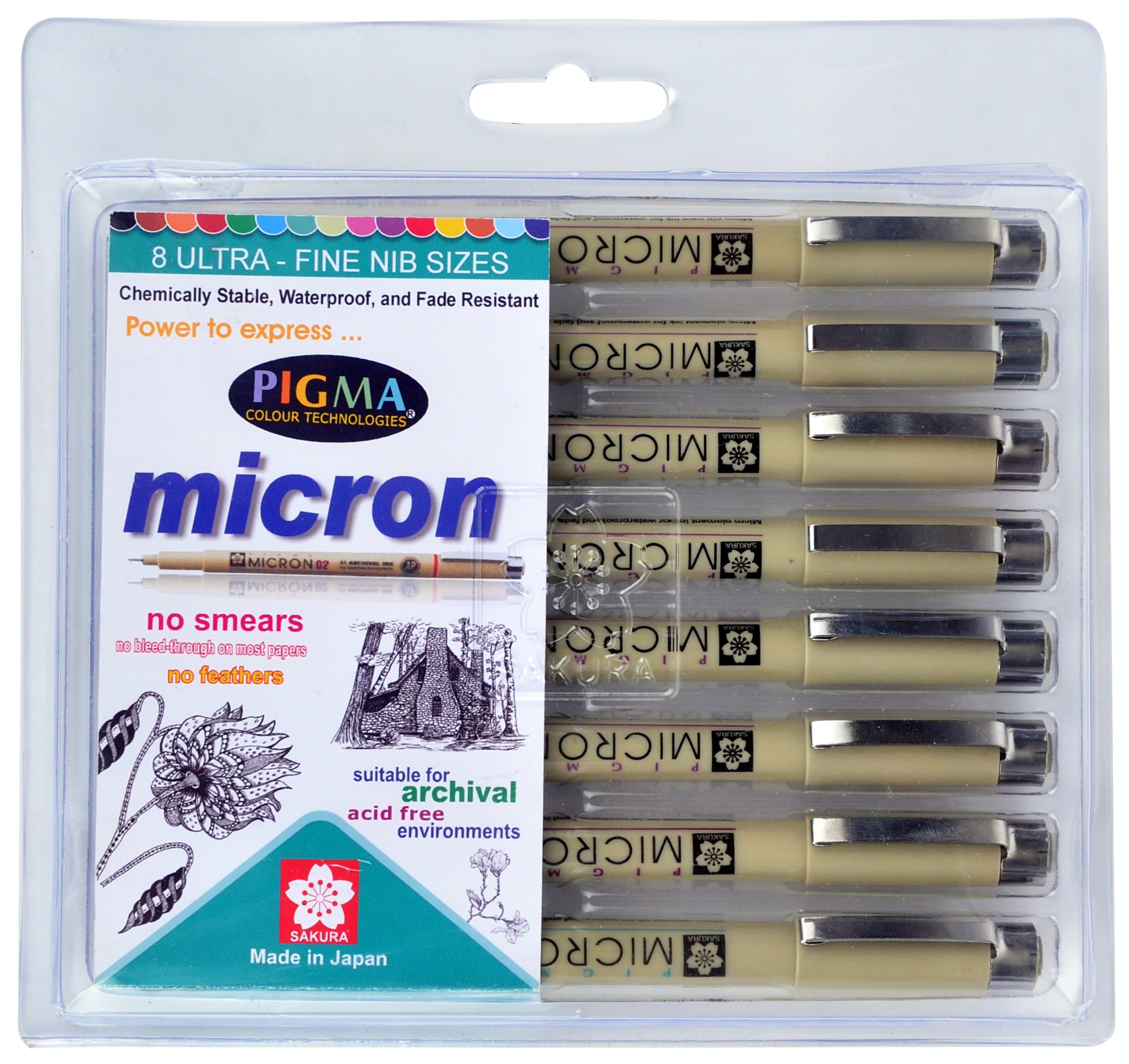 Pigma Micron Fine Line pens - Set - A (with 04 nib added) - Pack of 8 assorted nibs in Black colour (003,005,01,02,03, 04, 05 & 08 tip)