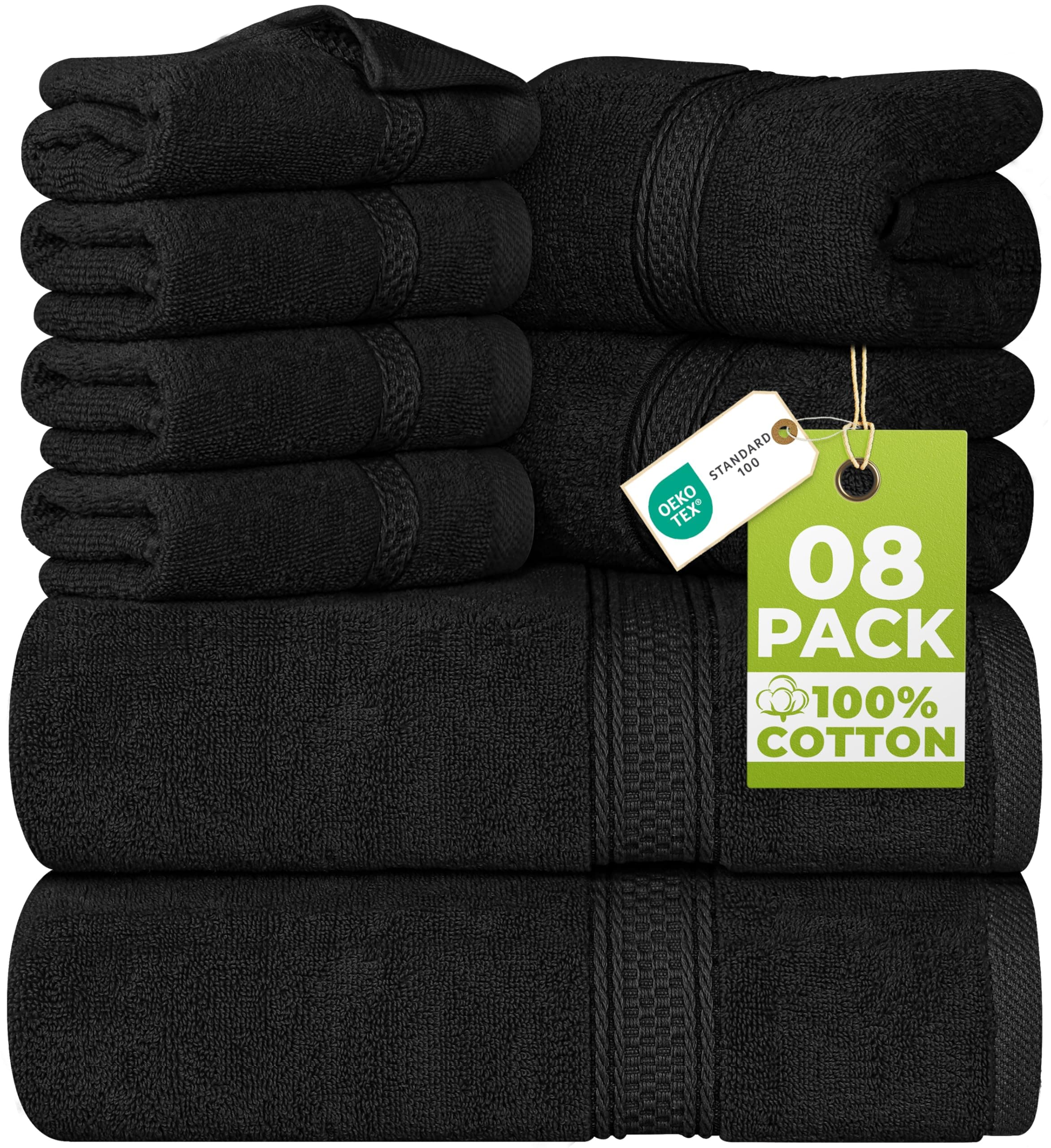 8-Piece Premium Towel Set, 2 Bath Towels, 2 Hand Towels, and 4 Wash Cloths, 600 GSM 100% Ring Spun Cotton Highly Absorbent Towels for Bathroom, Gym, Hotel, and Spa (Black)