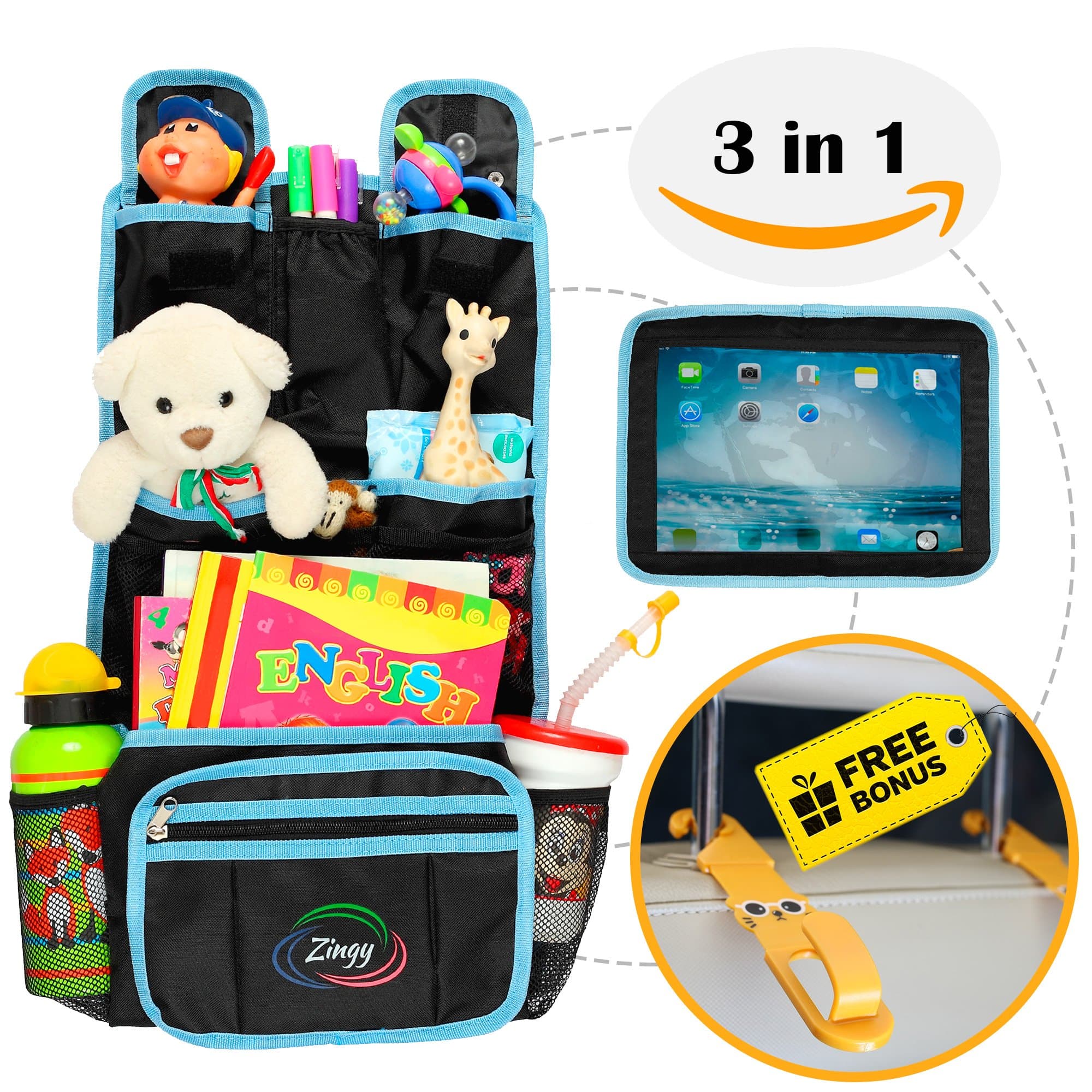 Backseat Organizer for Kids 3 in 1, Car Organizer with Hooks for Hanging Under the Seat Headrest and Tablet Case 9.7", Black and Red or Blue