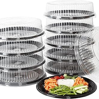 Heavy Duty, Recyclable 16 In. Serving Tray and Lid 10pk. Large, Black Plastic Party Platters with Clear Lids. Elegant Round Banquet or Catering Trays for Serving Appetizers, Sandwich and Veggie Plates