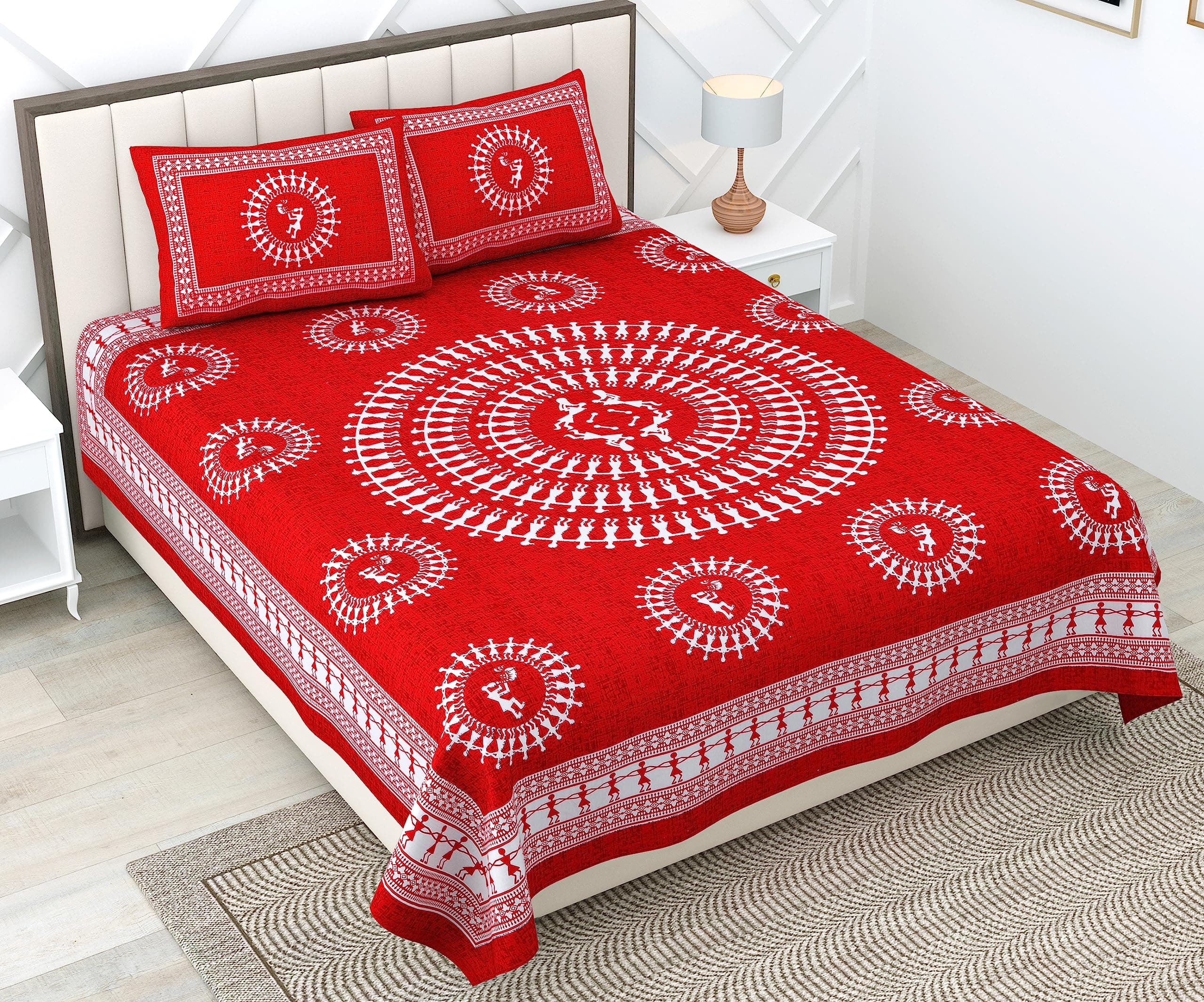 RajasthaniKart® Pure 100% Cotton Double Bed Sheet with 2 Pillow Covers (Bedsheet for Double Bed Cton, Red, 5275)
