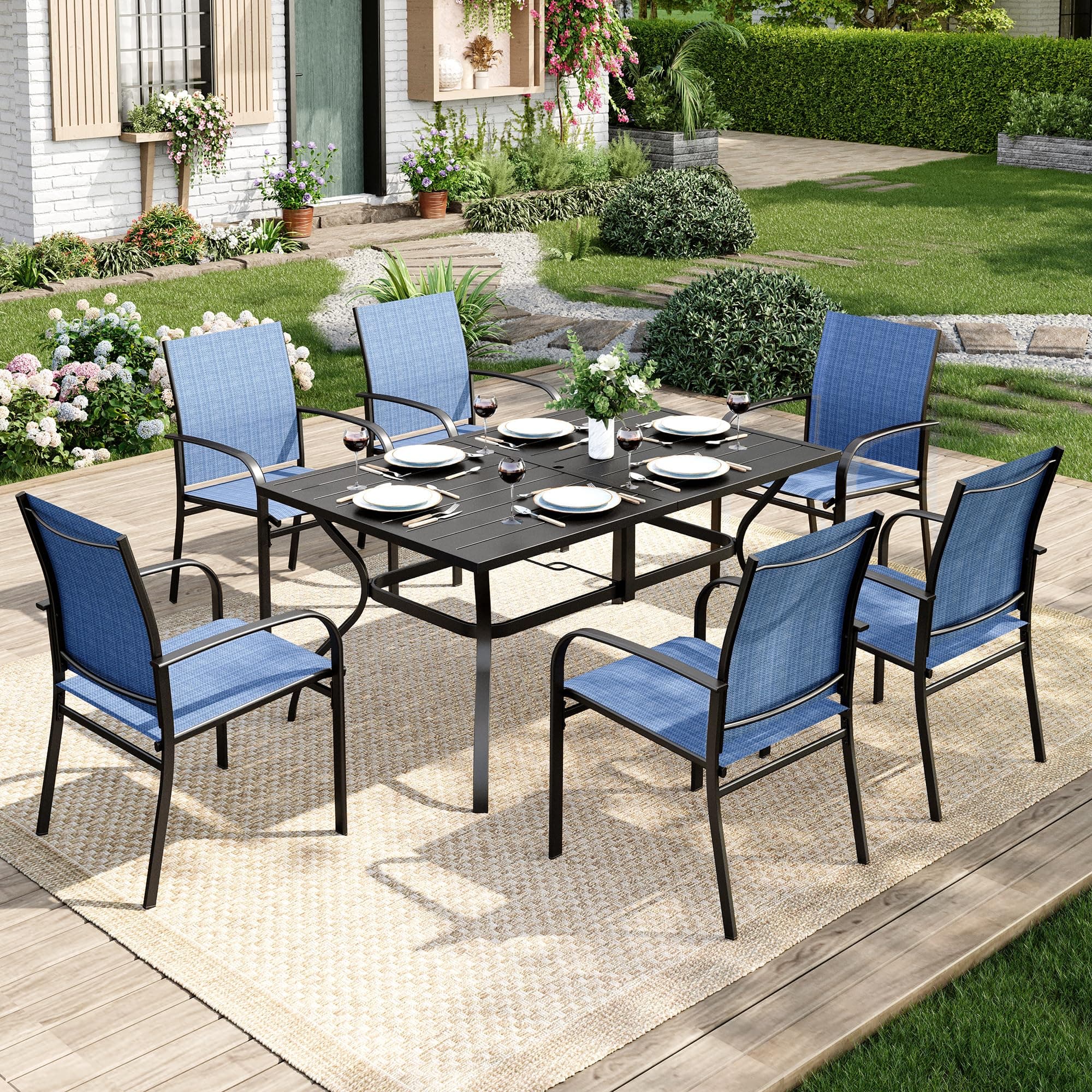 Outdoor Table and Chairs, Patio Dining Sets for 6 with Blue Chairs and Metal Rectangular Table for Deck Backyard Lawn Poolside