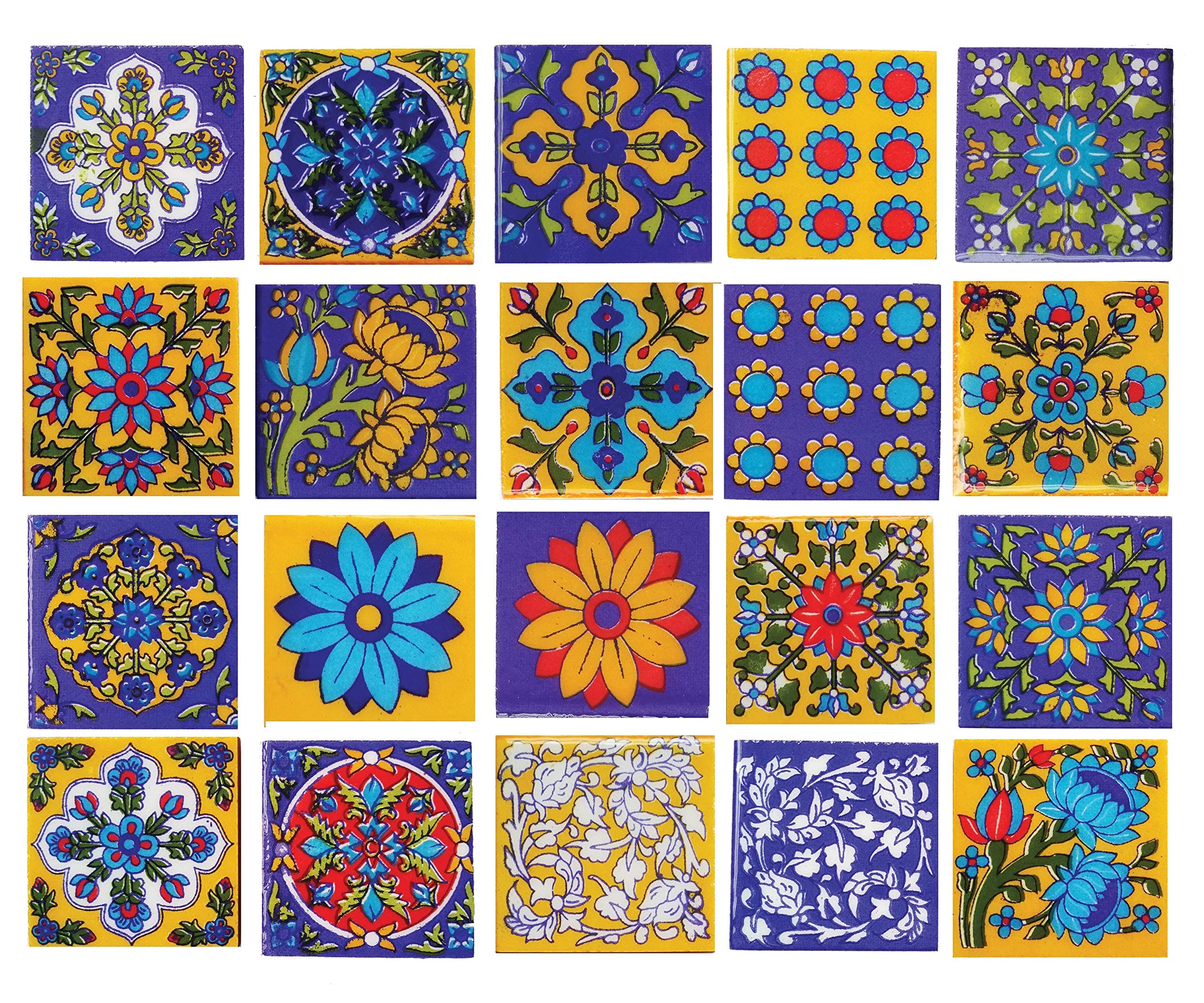 Shiv Kripa Blue Pottery Classic Decorative Interior Exterior Crafted Tabletop Flooring Wall Ceramic 2 x 2 inch Tiles Pack of 20 Tiles (Blue, Yellow & Multi)