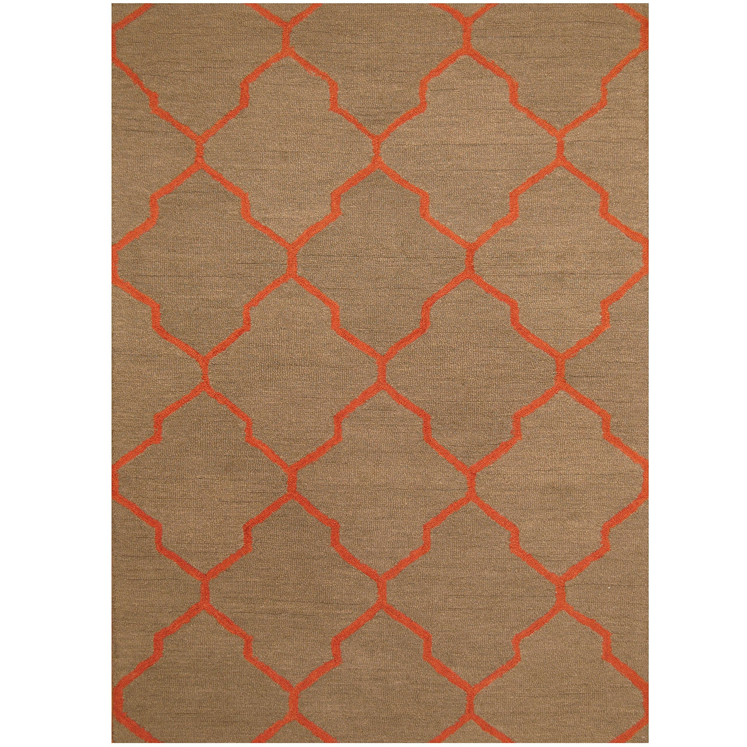 Herat Oriental Trellis Wavy Pattern Indo Hand-Tufted Wool Rug, 84" x 60", Tan/Orange