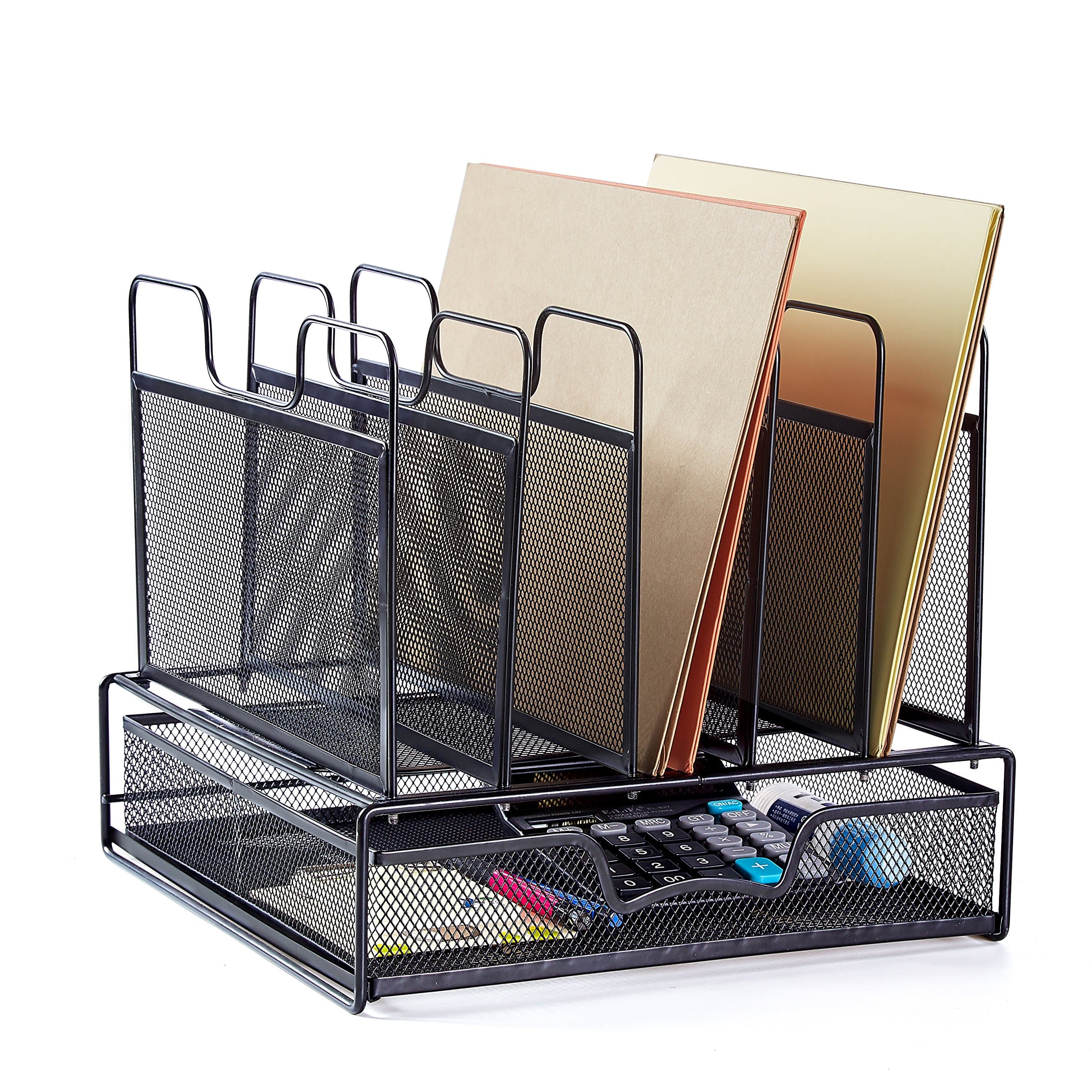 Rackarster Mesh Desk Organizer with Drawer - Vertical Office File Organizer Desktop Document Letter Tray Supplies Storage and 5 Upright Sections, Black