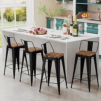 Andeworld Metal Bar Stools Set of 4 Kitchen Counter Stools Bristro Barstools Industrial Bar Stools (24 Inch, Black with Wooden Seats)