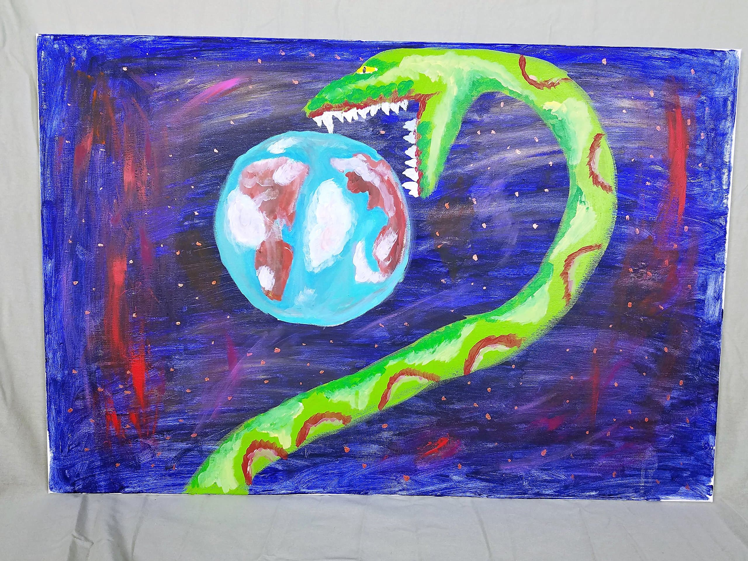 Serpent, space art, earth attack, galaxy, strange art, weird art, freaky art, alternative art, acrylic painting, 20×36 canvas