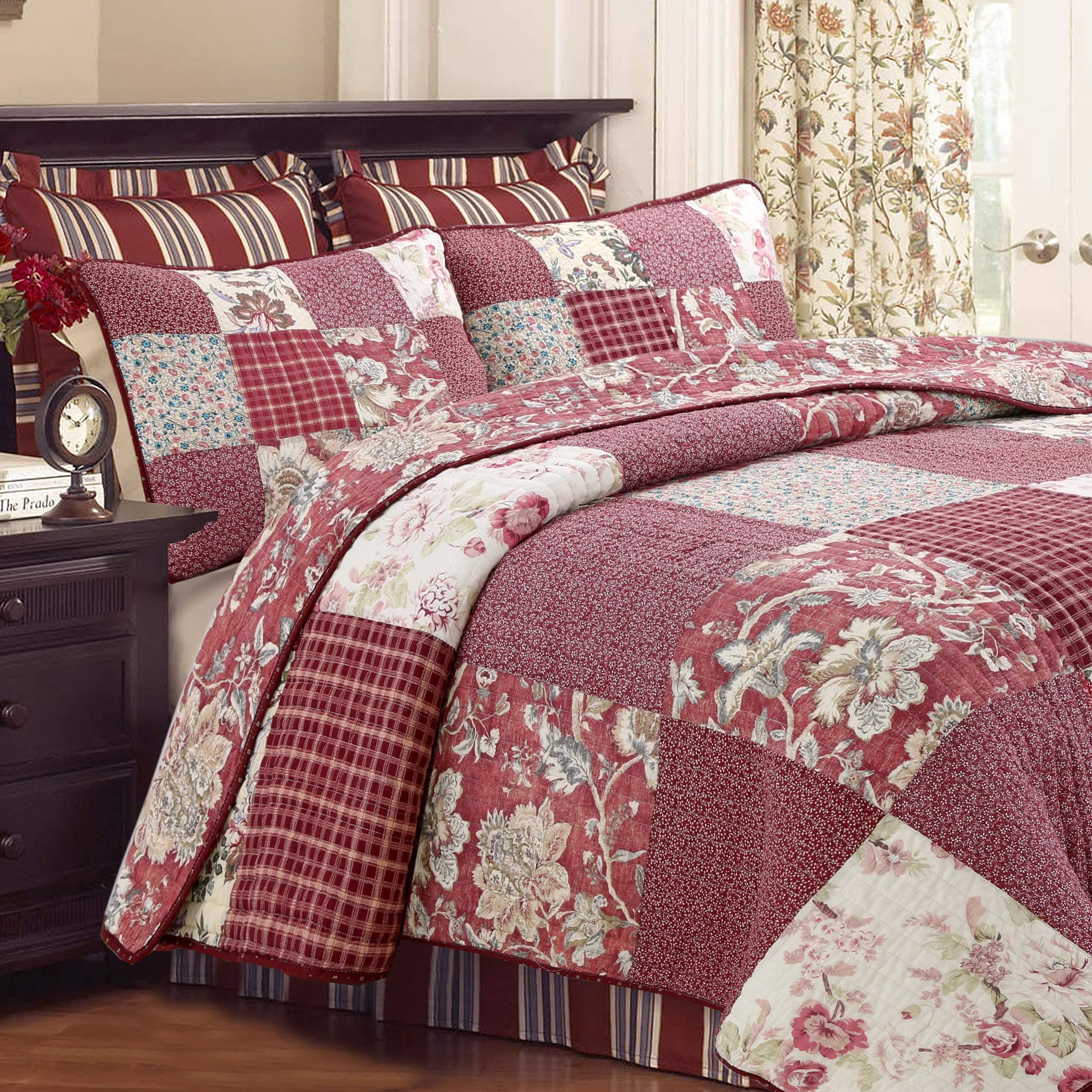 Cozy Line Home Fashions 100% Cotton Hand Piecing Real Patchwork Vintage Burgundy Rose Cottage Reversible Quilt Set, Coverlet Bedspread (Red Floral, King - 3 Piece)