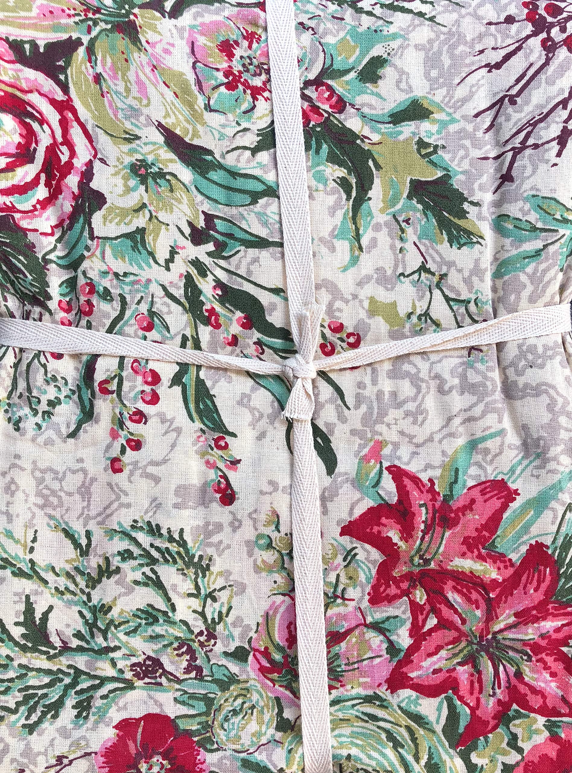April Cornell Fabric Tablecloth Floral Bouquet Pattern Holly Berries Pines in Shades of Red Green Pink Gray on Cream - 70 Inches Round