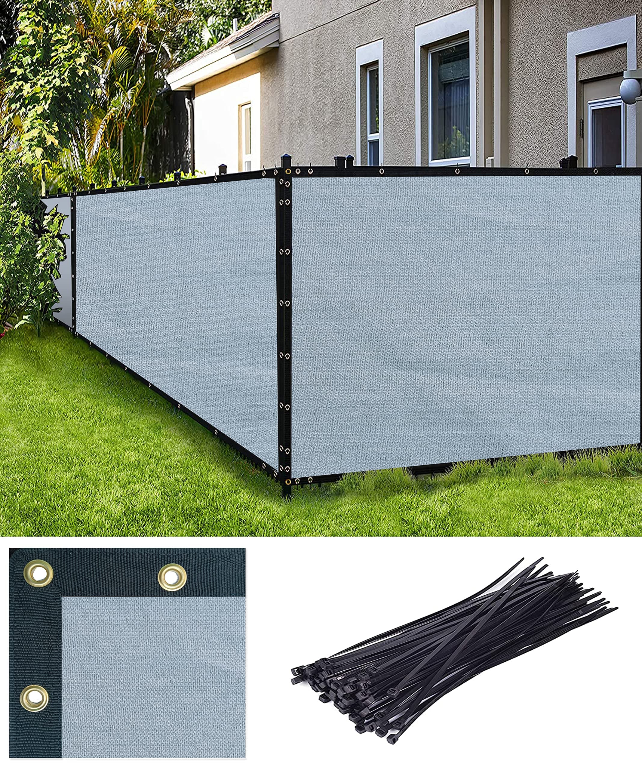 FREDDO-Privacy Screen Fence Heavy Duty Shade Net with Polyester Band, Brass Eyelets & Tie Cords (Grey Color, 5 ft 8 in X 12 ft)