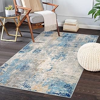 Lahome Modern Abstract Area Rug 3x5, Washable Bedroom Rug Soft Throw Entry Mat Contemporary Faux Wool Non-Slip Stain Resistant Carpet for Living Room Kitchen Bath Office, Blue/Yellow/Ivory