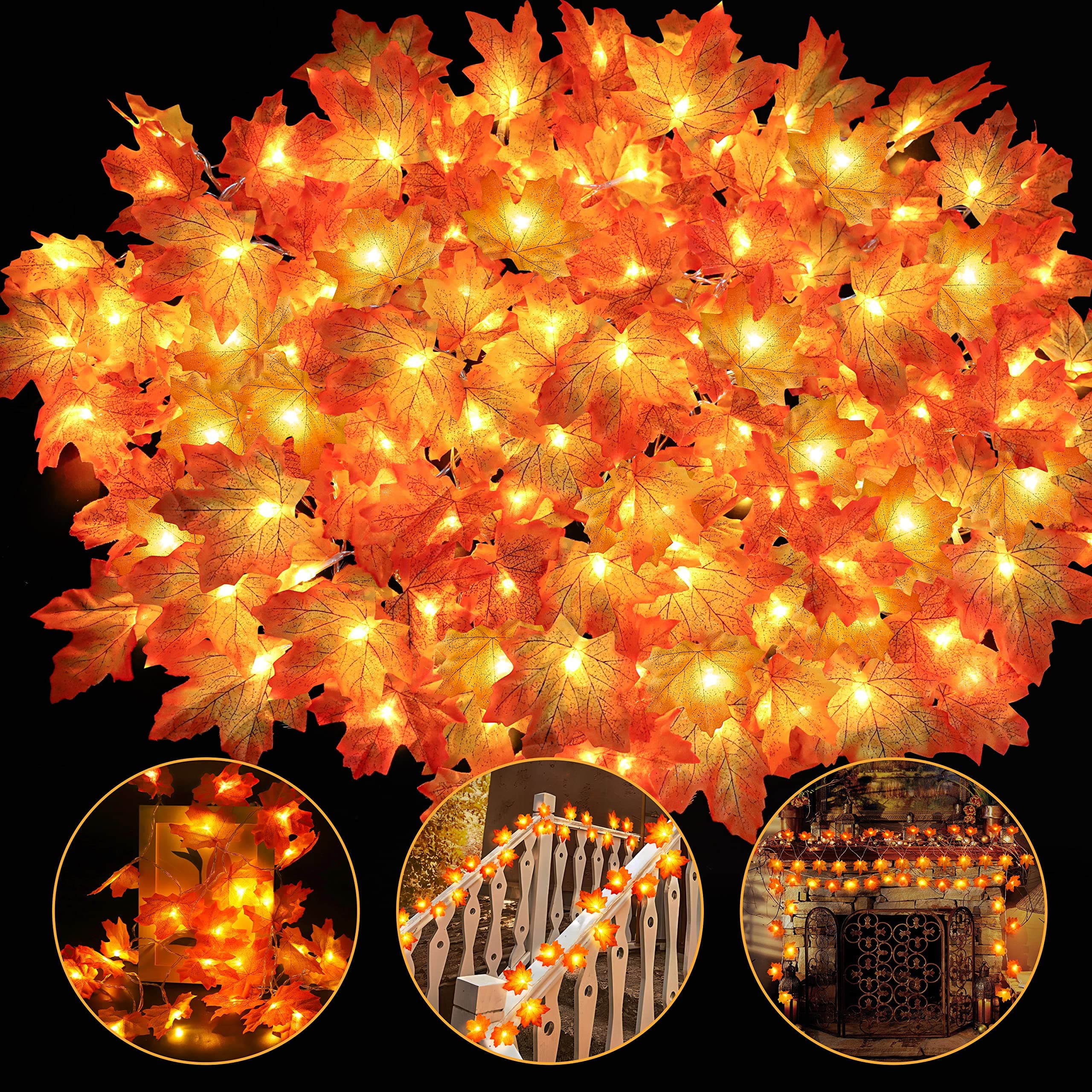 Geefuun 4 Packs Fall Decor Maple Leaves Lighted Garland Home Decorations - Thanksgiving String Lights 39.37Ft/100LED Autumn Halloween Party Ornament (Batteries Not Included)