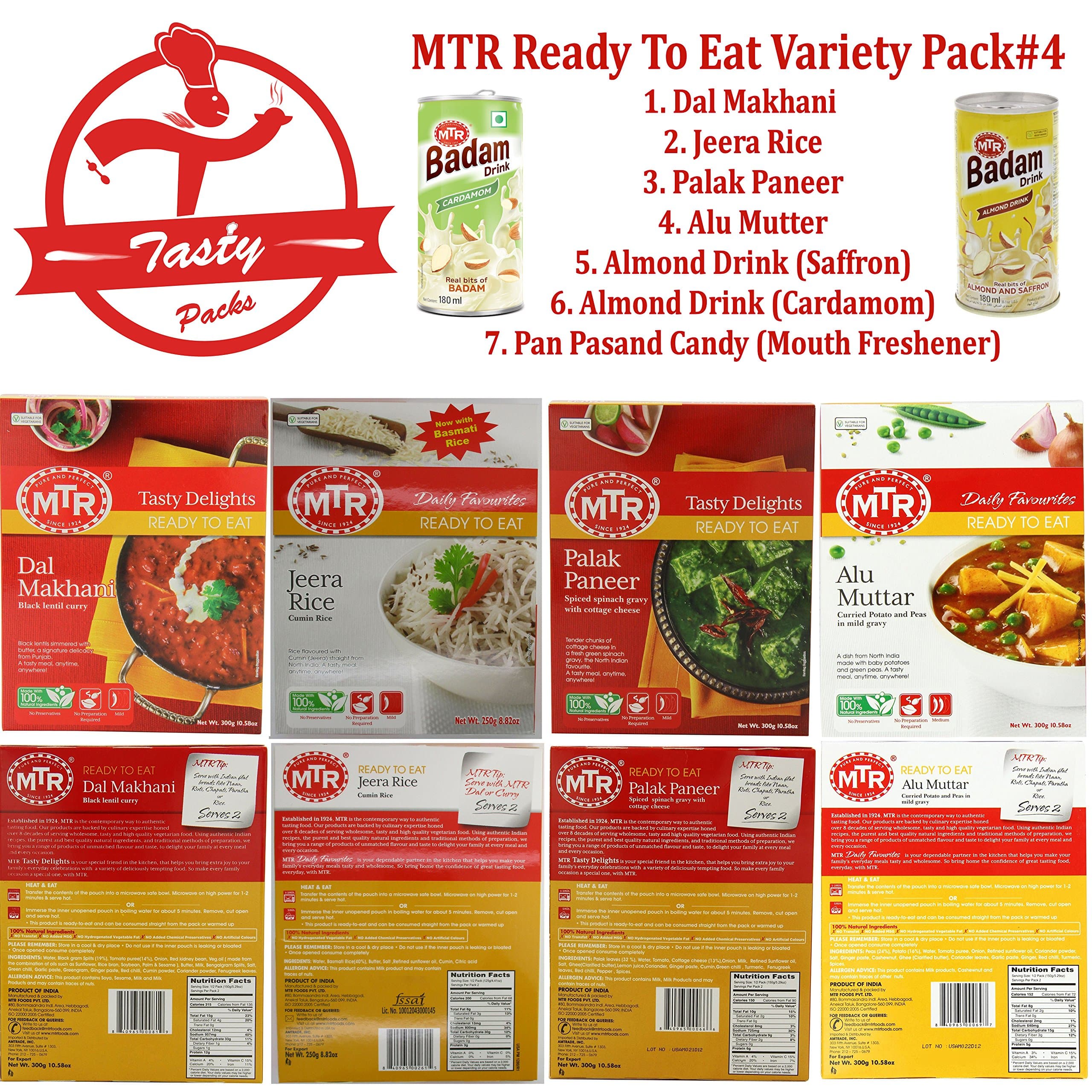 MTR Ready to Eat Tasty Packs #4: 7 Pack: 1: Dal Makhani. 2: Jeera Rice 3: Palak Paneer. 4: Alu Mutter 5: Almond Drink(Saffron). 6: Almond Drink(Cardamom). 7: Pan Pasand Candy(Mouth Freshener).