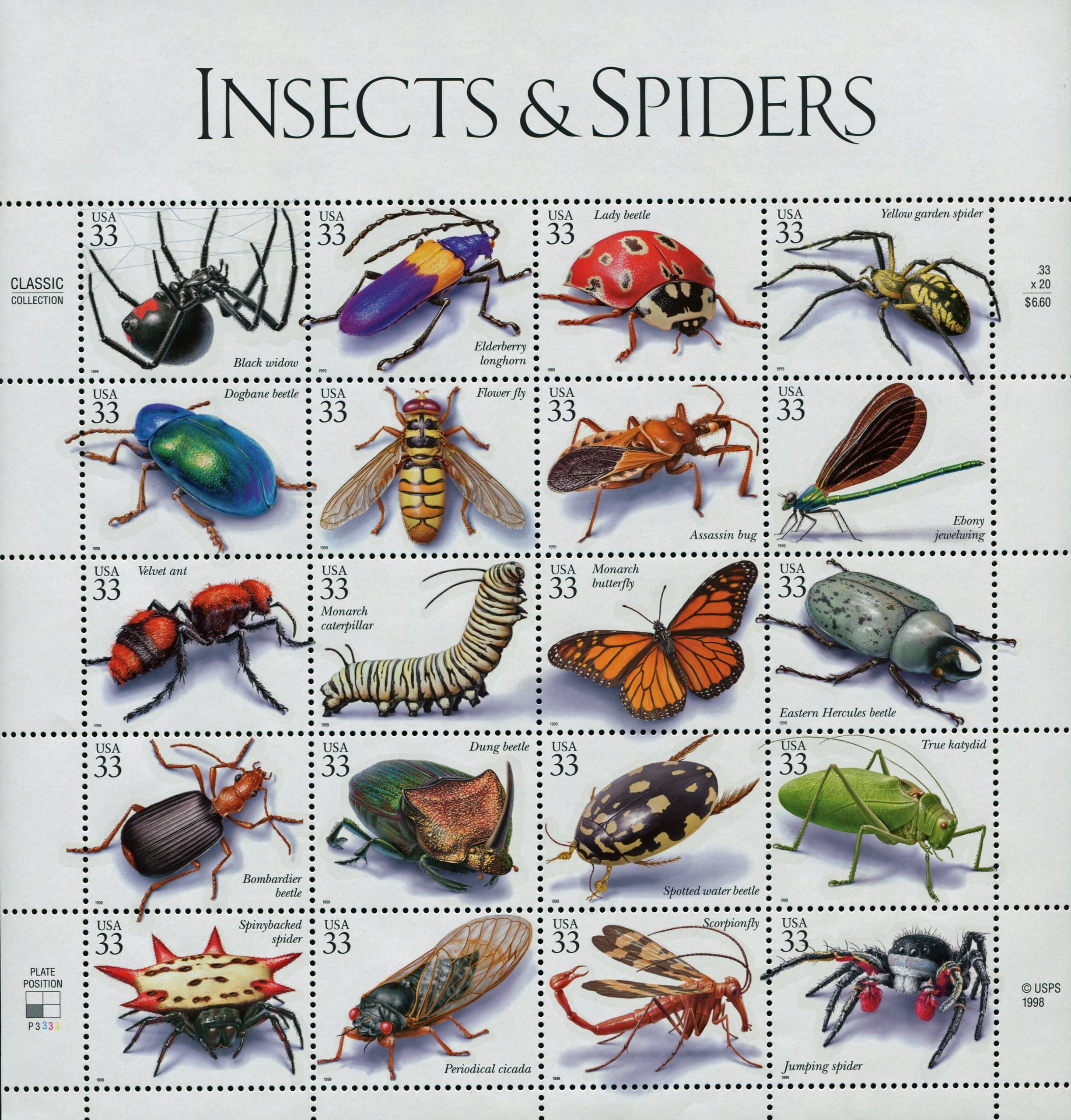 Insects and Spiders, Full Sheet of 20 x 33-Cent Postage Stamps, USA 1999, Scott 3351