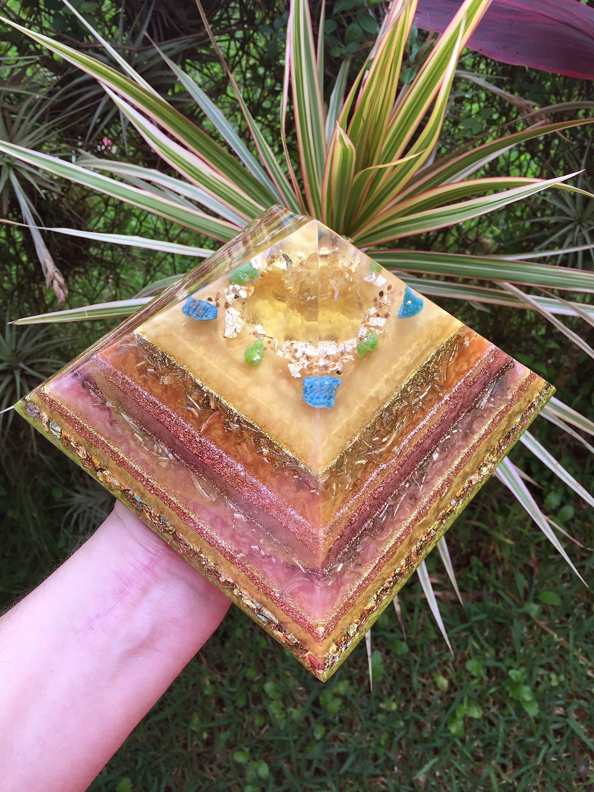 EXTRA LARGE Kula o ka Lā Golden Sun Orgone Pyramid with Citrine, Gold, Pyromorphite and Blue Apatite