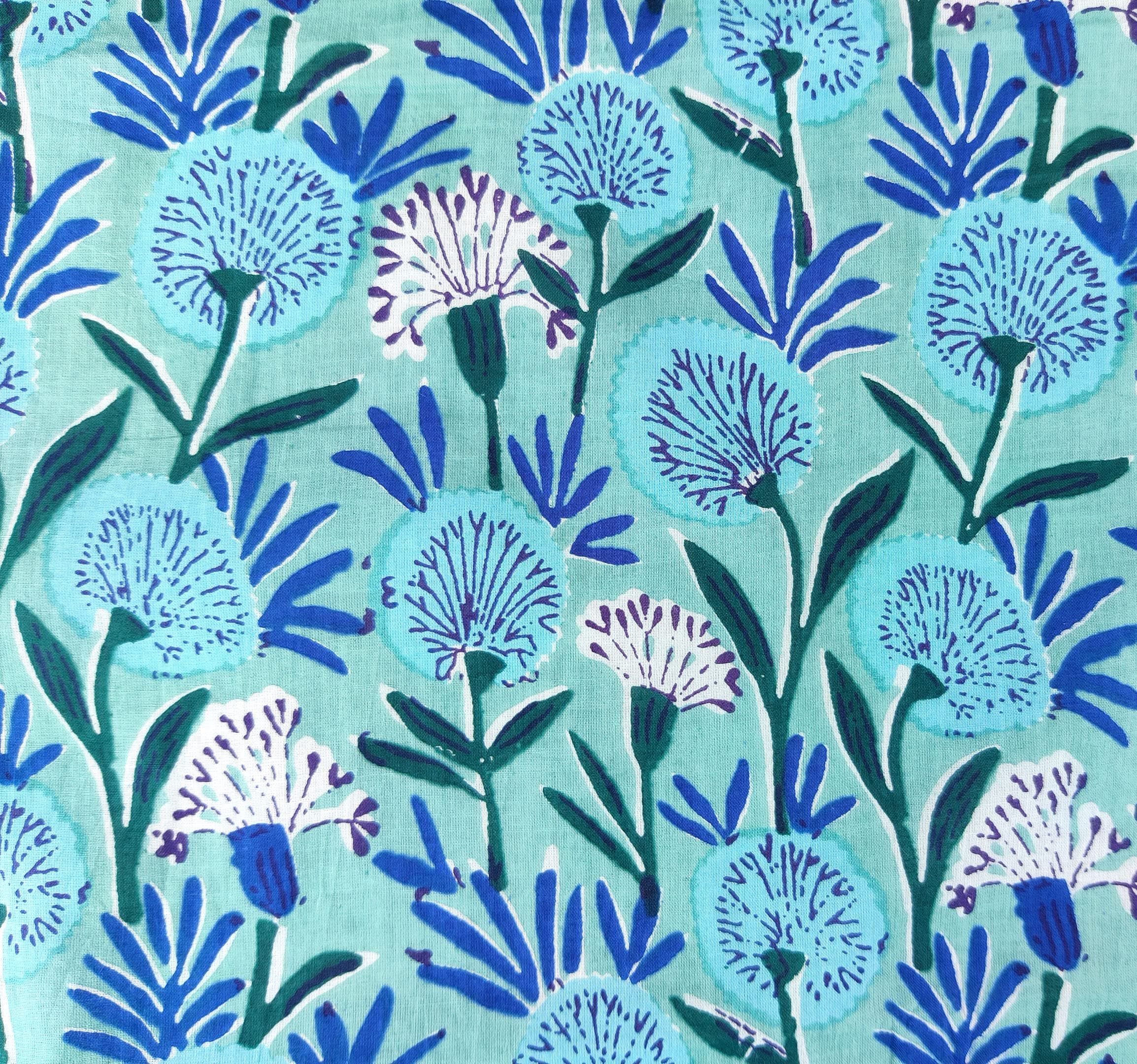 Craftbot Hand Block Print Fabric by The Yard - PRECUT 3 Yard 42 Inch Width - 100% Cotton Material - Aqua and Blue Floral Pattern - Light Weight Indian Cloth for Making Kurti Summer Dress etc