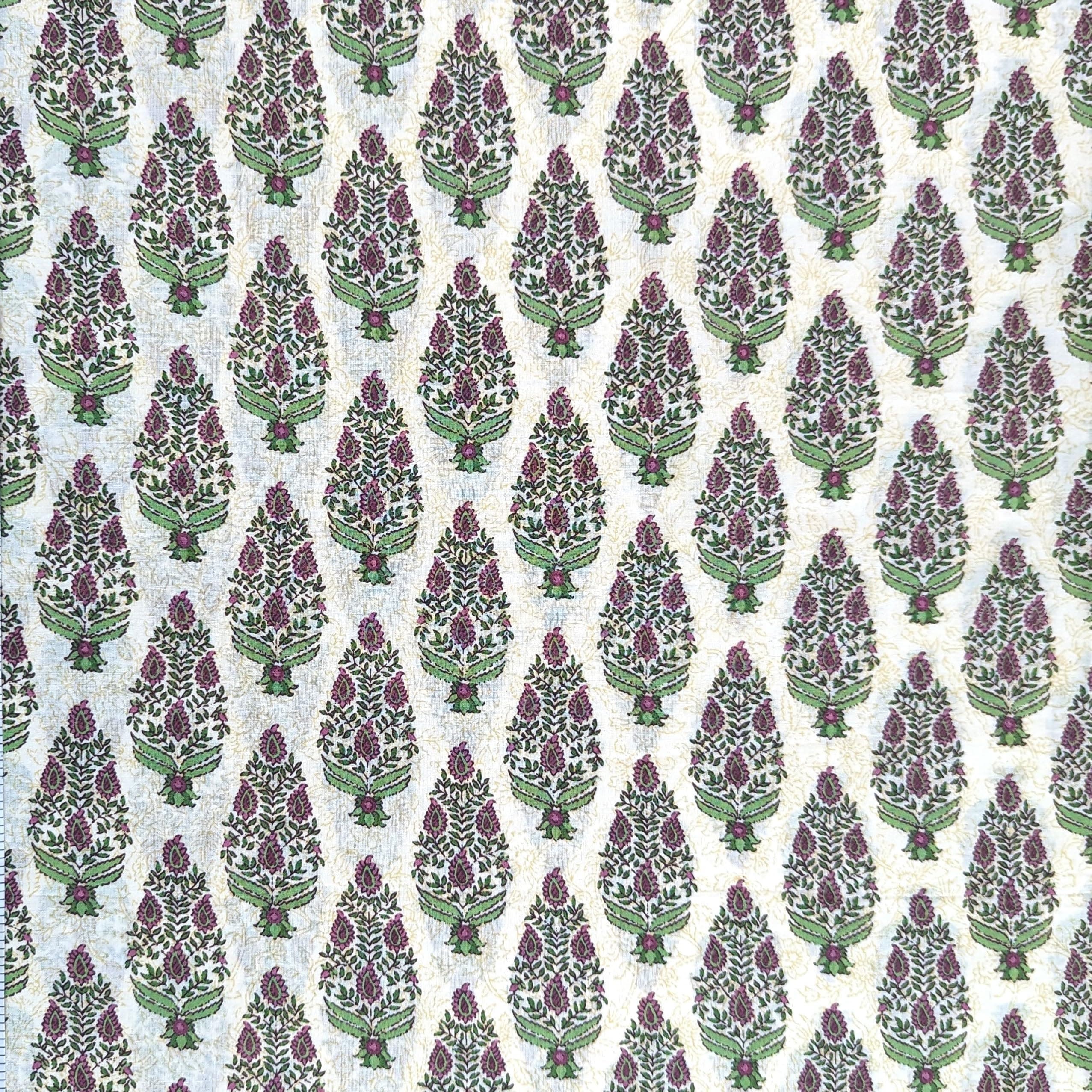 AVKA Studio Hand Block Print Fabric by The Yard - PRECUT 3 Yard 42 Inch Width - 100% Cotton Material - Beige & Purple Paisley Pattern - Light Weight Indian Cloth for Making Summer Dress Projects etc