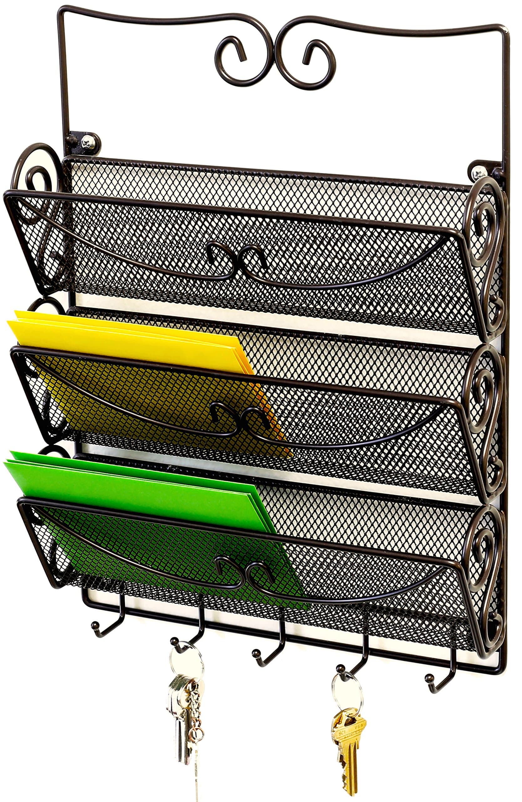 Deco Brothers Wall Mail Organizer with 5 Key Holder, 3 Tier, Bronze