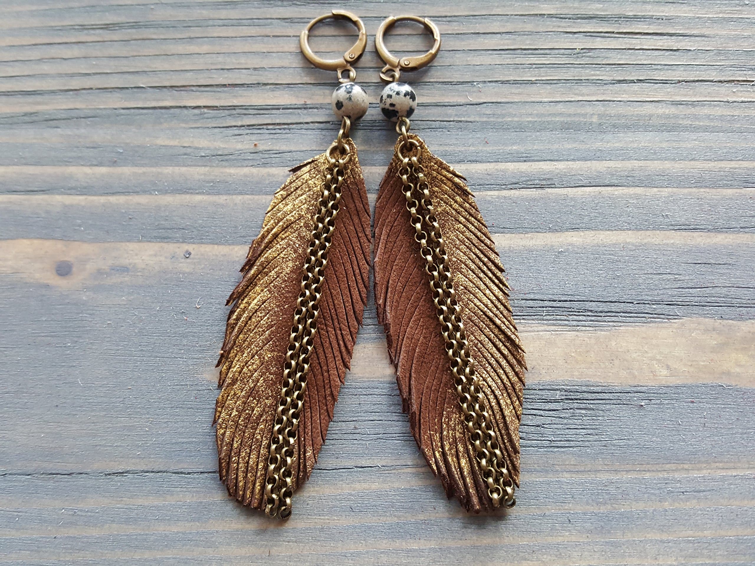 Leather feather earrings brown and bronze leather feather earrings light weight earrings bohemian dangle earrings boho chic leather jewelry