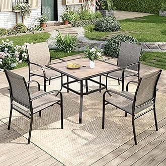 5 Pieces Patio Table and Chairs Set, 4 Person Outdoor Dining Furniture Set, 4 Brown Textilene Chairs and 37" Wood-Like Table Top Table with Umbrella Hole, for Deck Backyard Lawn