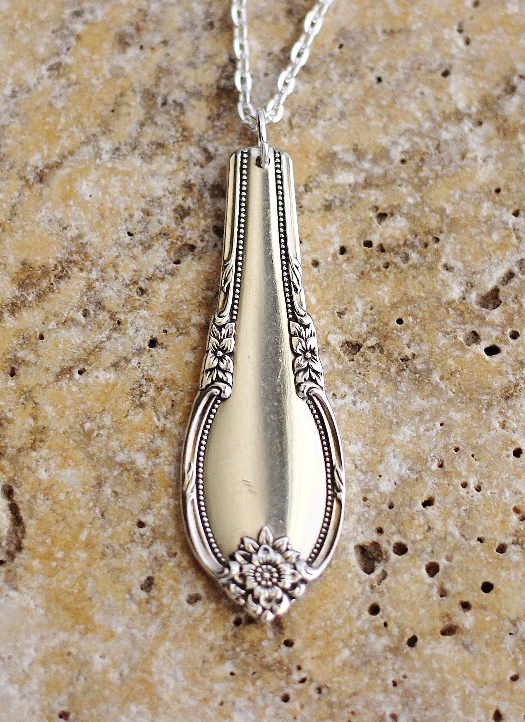 Remembrance Pattern Silverware Necklace Pendant Repurposed Recycled