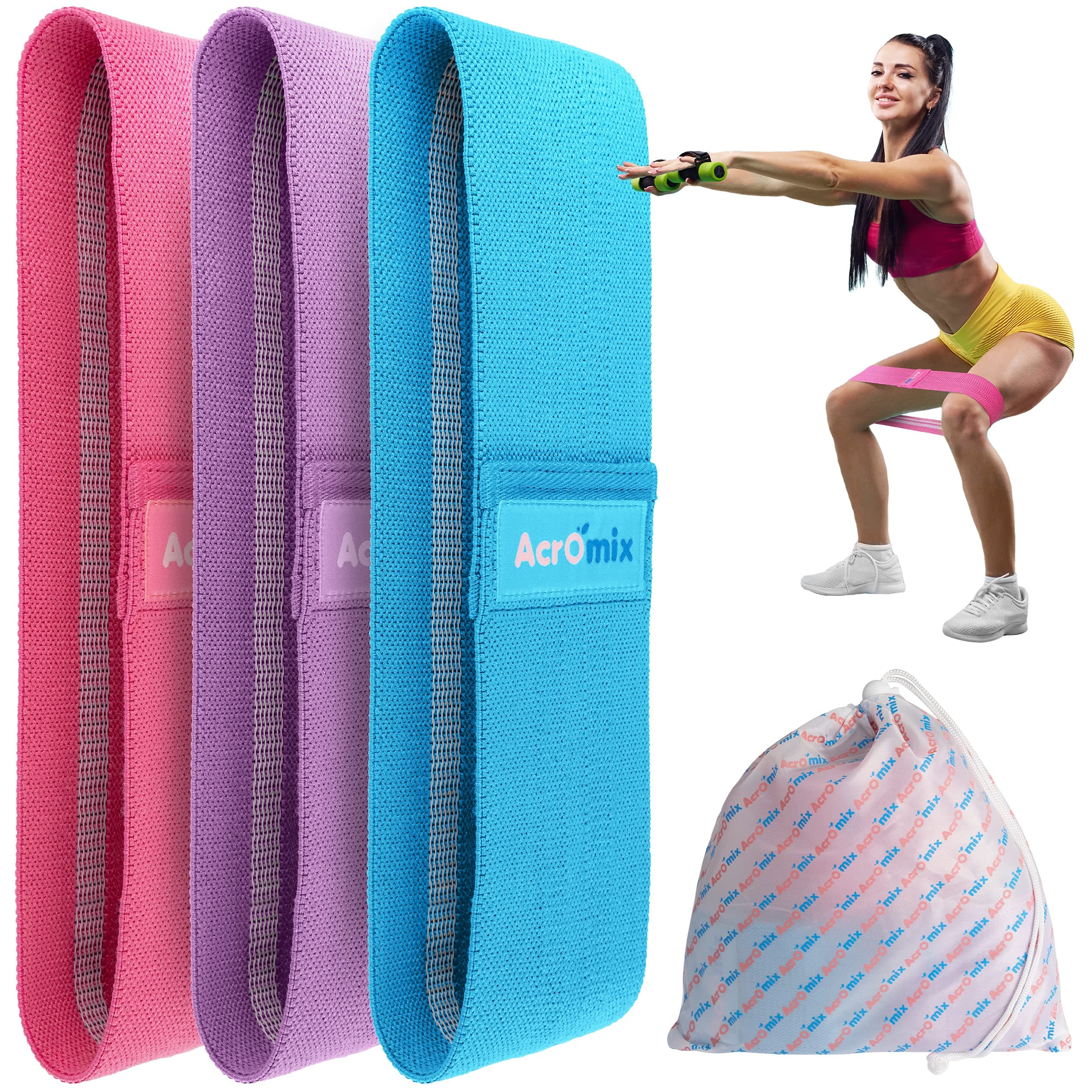 Acromix 3-Piece Fabric Resistance Bands - Heavy Duty Exercise Stretch Equipment for Booty, Legs, Lower Back, Hamstring, Abs - Elastic, Sweat-Wicking, Non-Rolling Workout Straps - Home Gym Accessories