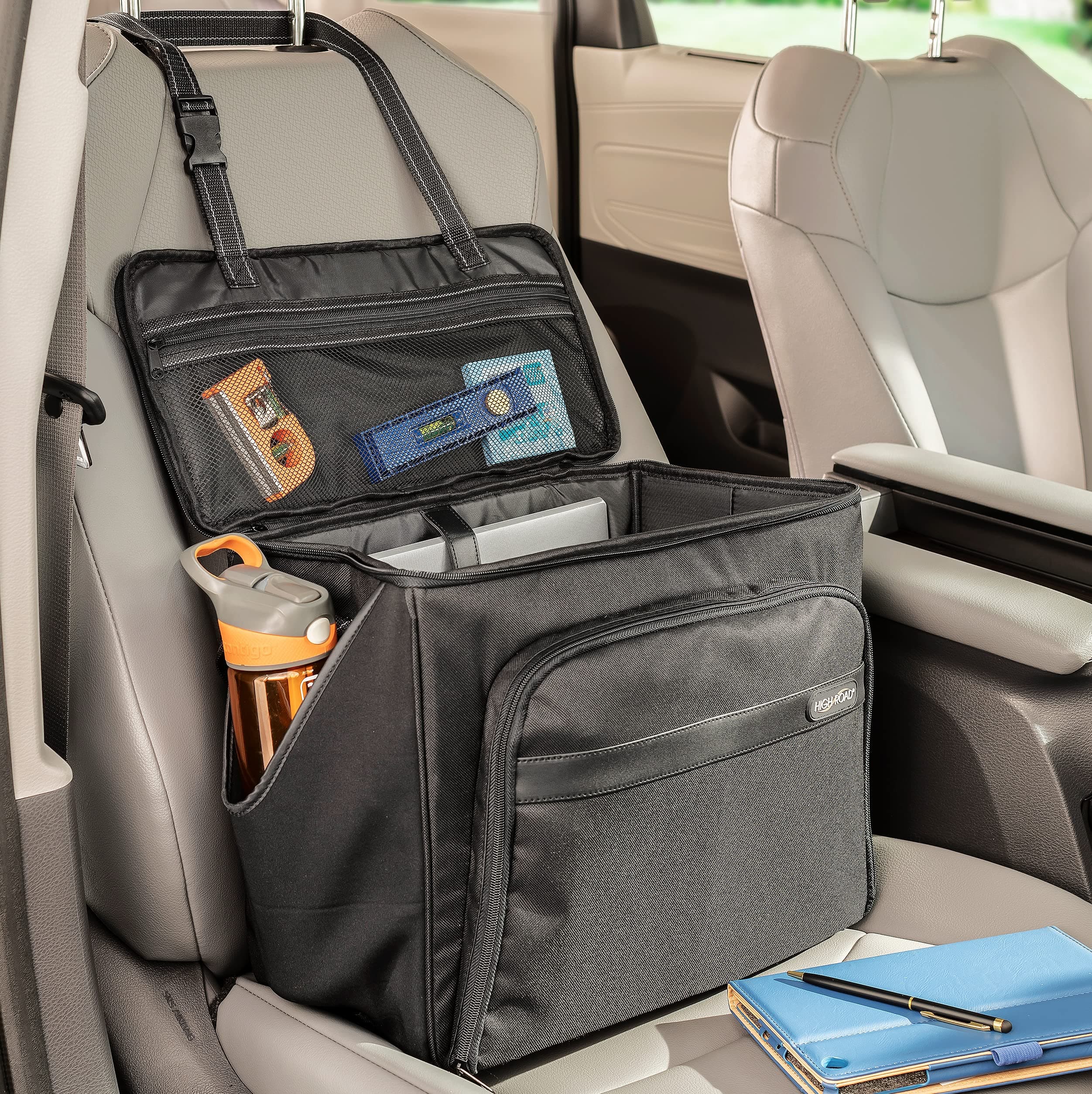 High Road Car Office Organizer - Front Seat Organizer with Desk Supplies Compartment, Laptop Sleeve, 2 Bottle Holders, Storage Cover and Padded Shoulder Strap for Cars, Trucks and Patrol Vehicles