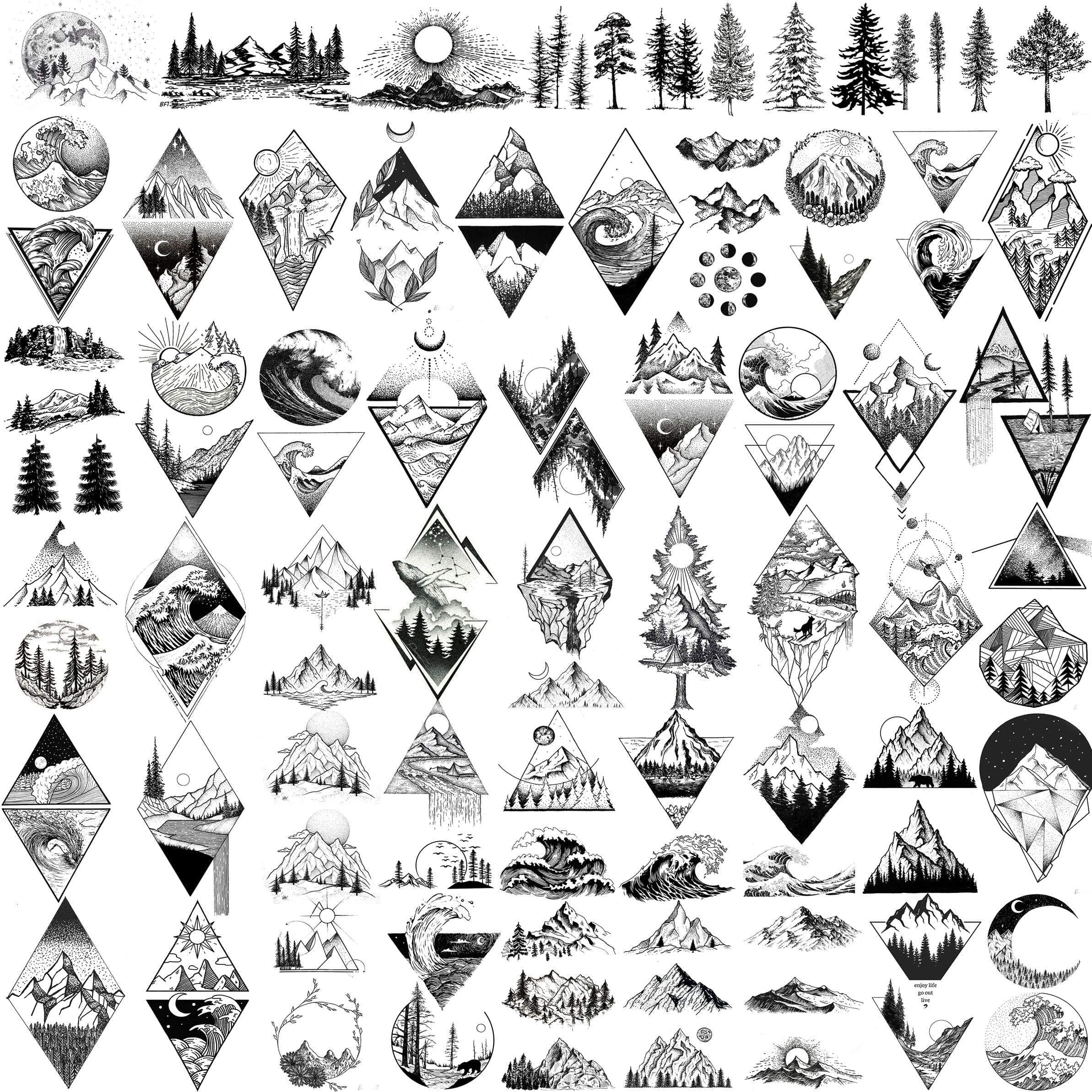 52 Sheets Small Black Mountain Temporary Tattoos For Men Women Adult, Geometric Sea Weave Forest Pine Tree Realistic Tattoo Sticker For Kids Children, Moon Sun Star Triangle Tatoos Outer Space