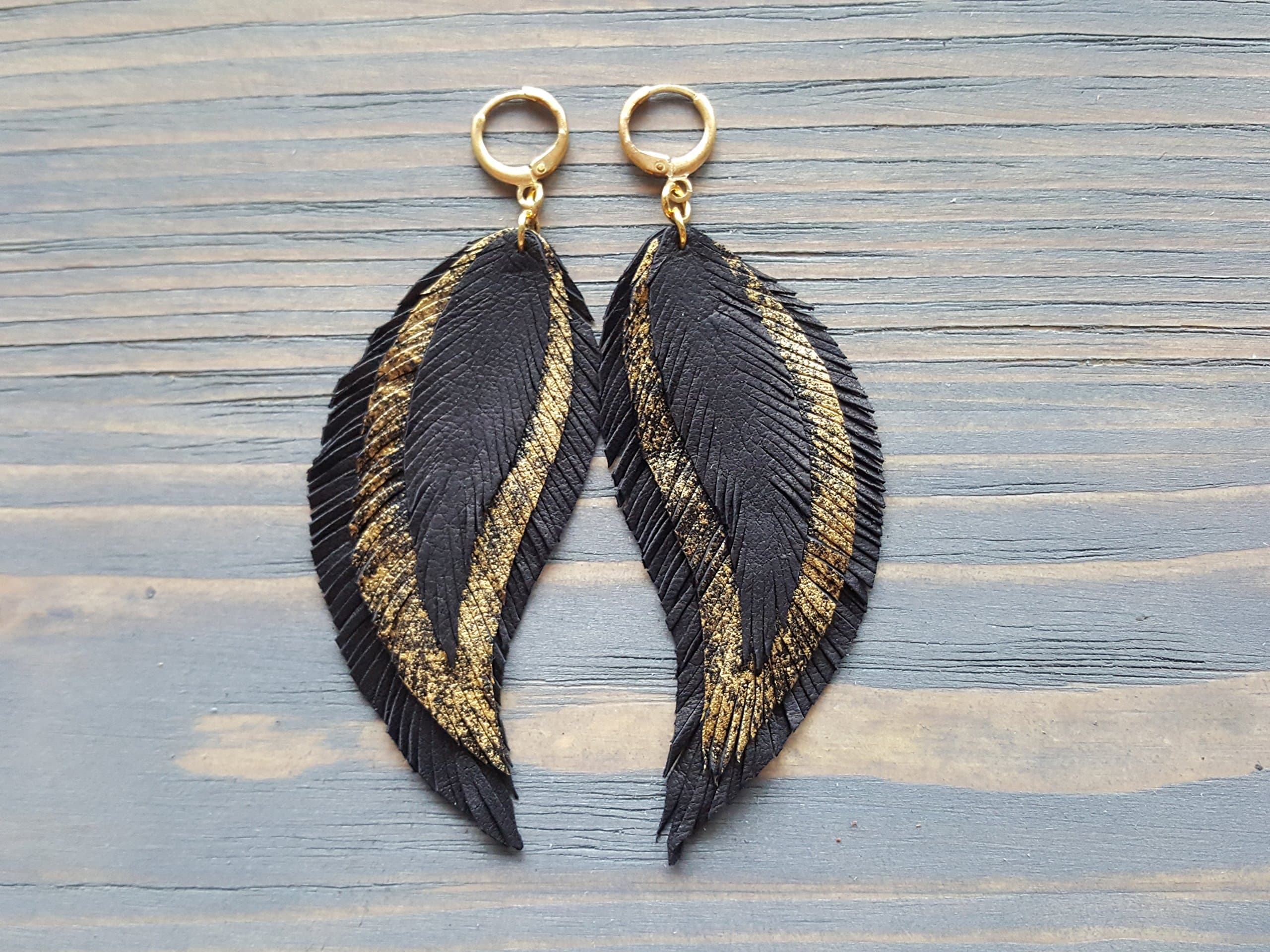 Leather Feather Earrings. Long Dangle Earrings. Bohemian Leather Earrings. Boho jewelry. Black Gold Feather Earrings. Leather Jewelry.