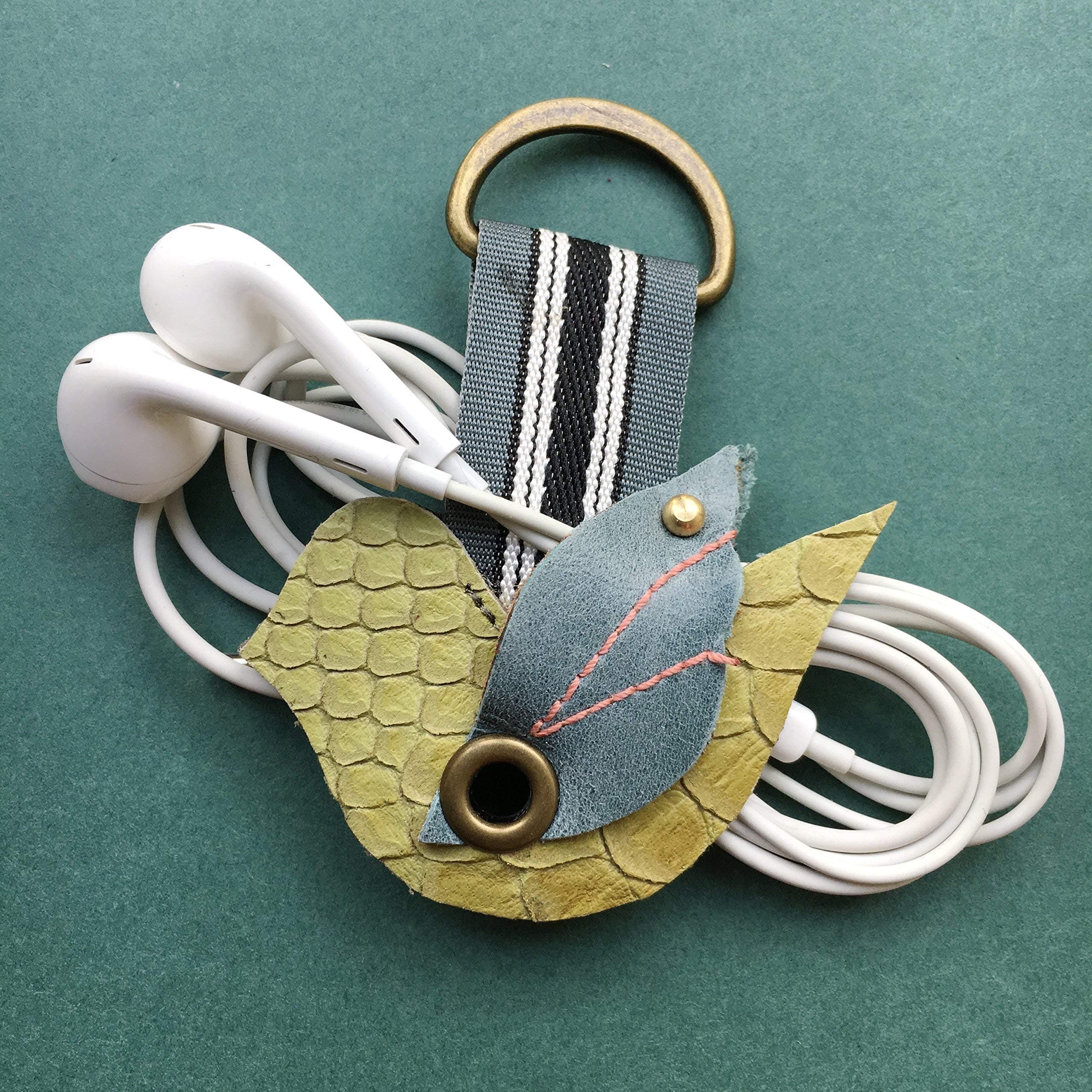 Lime Green Leather Bird Design Cord Organiser Keyring