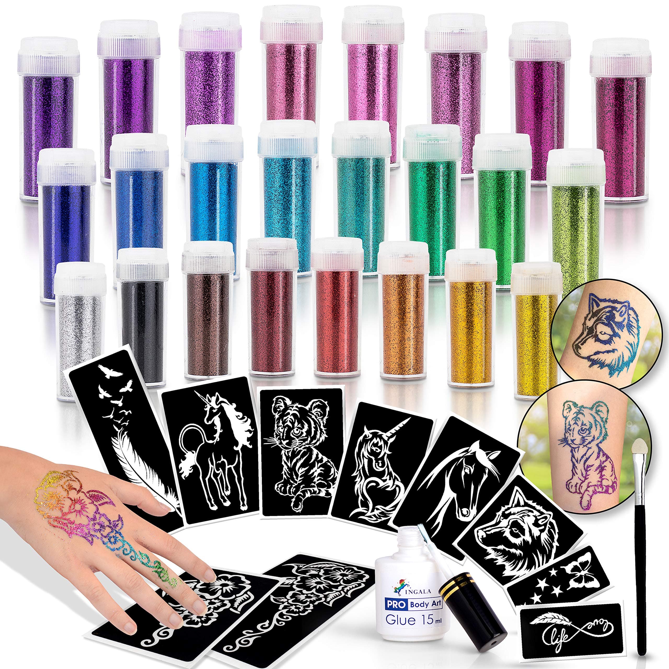 INGALA Pro Glitter Tattoo Kit. 24 Extra Fine Glitter Colors, PRO Tattoo Stencils and Glitter Tattoo Glue for The Perfect Glitter Tattoos Set