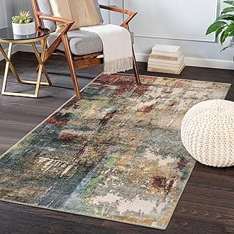 Modern Abstract Area Rug - 3x5 Washable Bedroom Rug Soft Throw Entry Mat Non-Slip, Contemporary Faux Wool Stain Resistant Floor Carpet for Living Room Kitchen Chair Door,Red/Multi