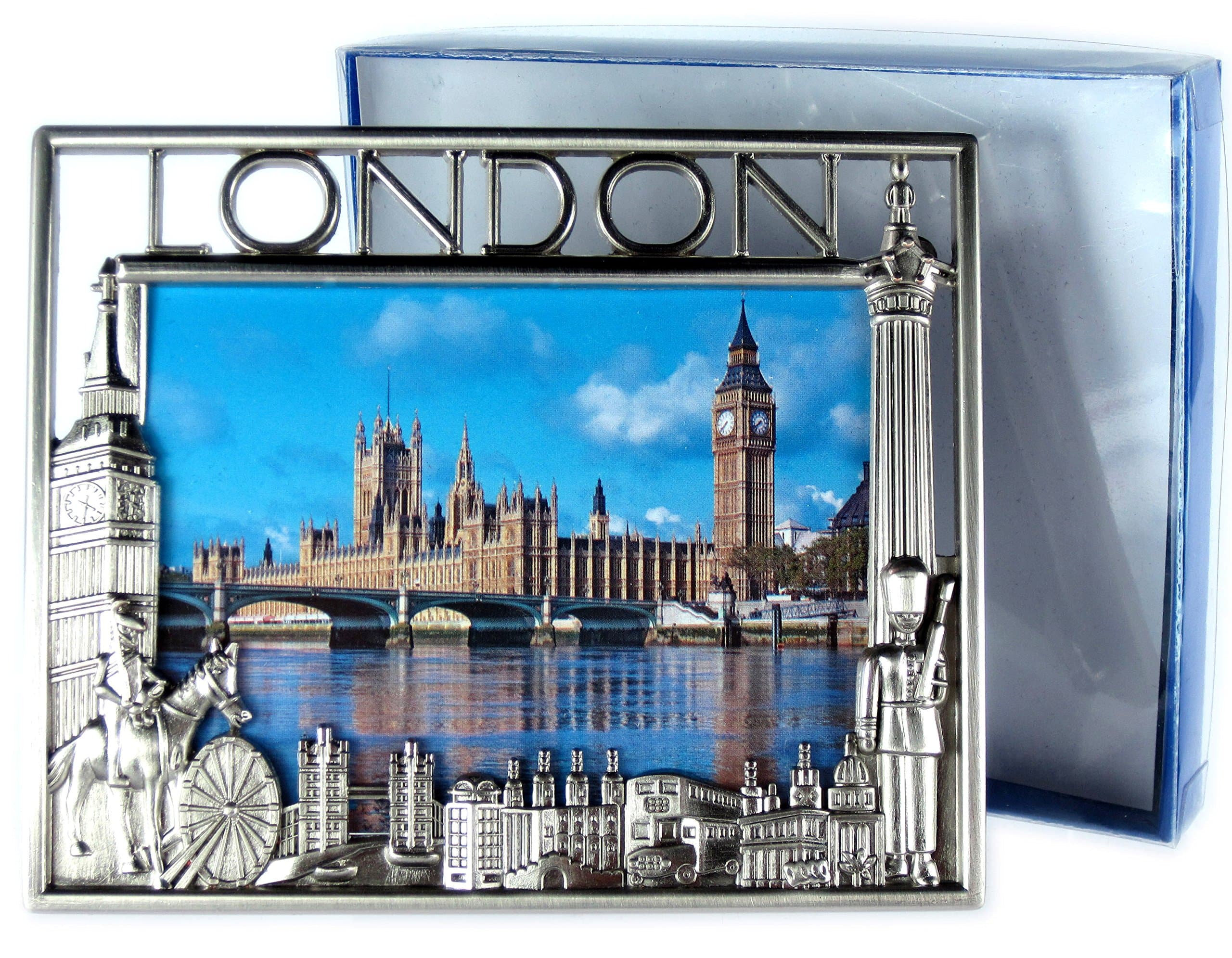 Small Metal Photo Frame (9.0 cm x 7.5 cm, Nickel Effect) - London Multi Scenes, London Collectable Souvenir