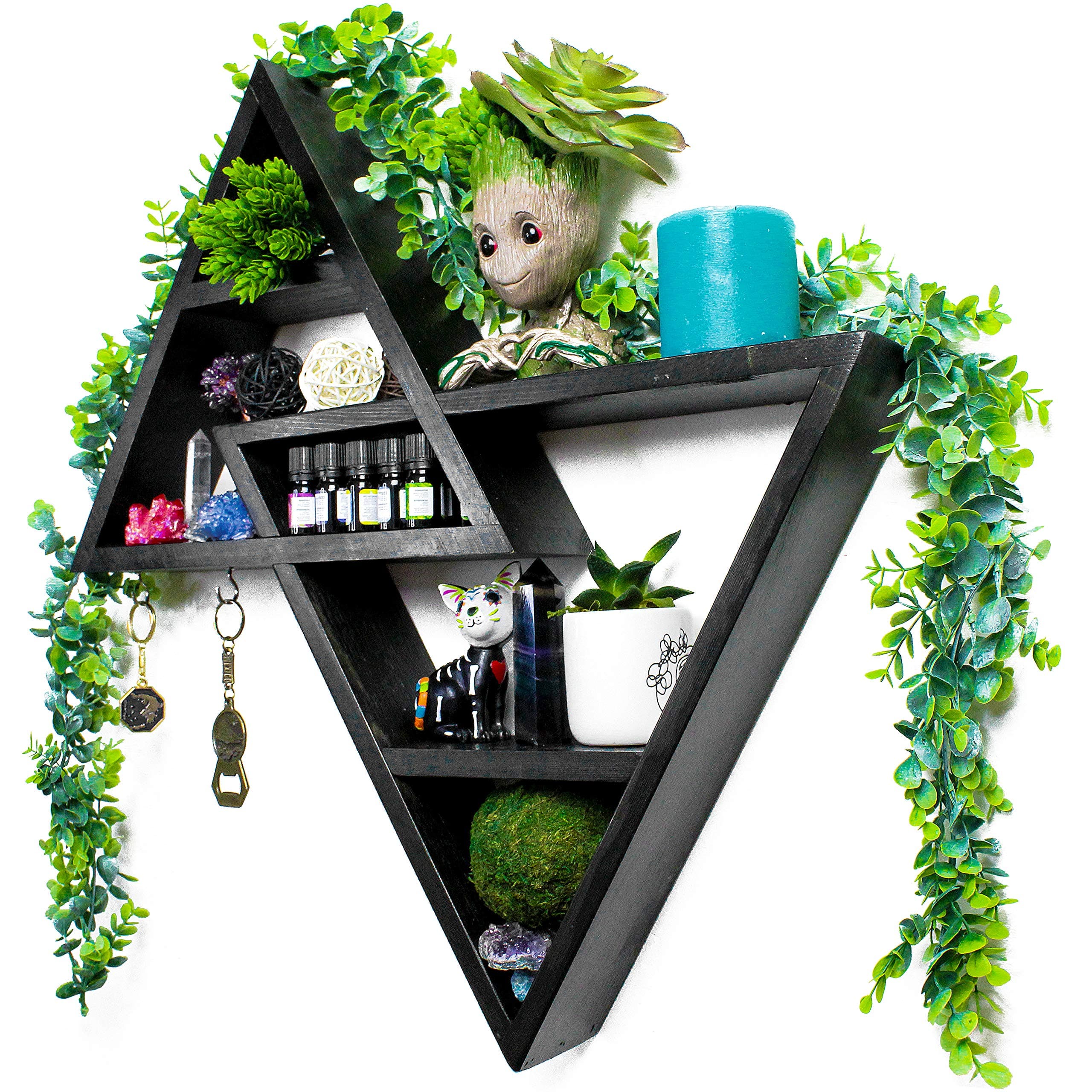 Large Triangle Shelf - Crystal Display Altar Shelf for Stones, Essential Oils, and More 21.5 X 20 Inches (Black, Left Triangle Up)
