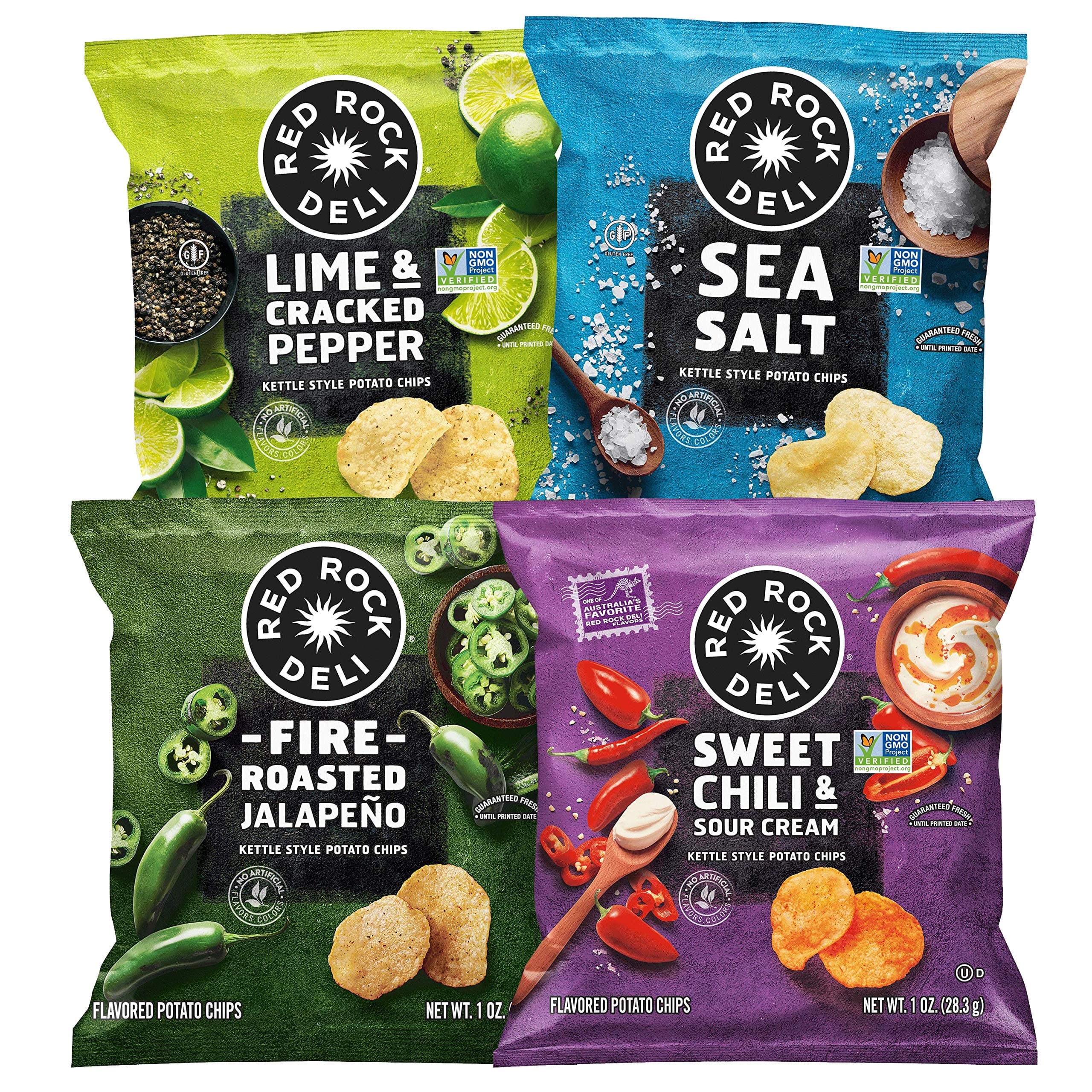 Red Rock Deli Kettle Style Potato Chips, 4 Flavor Sampler Variety Pack, 1oz Bags (24 Pack)