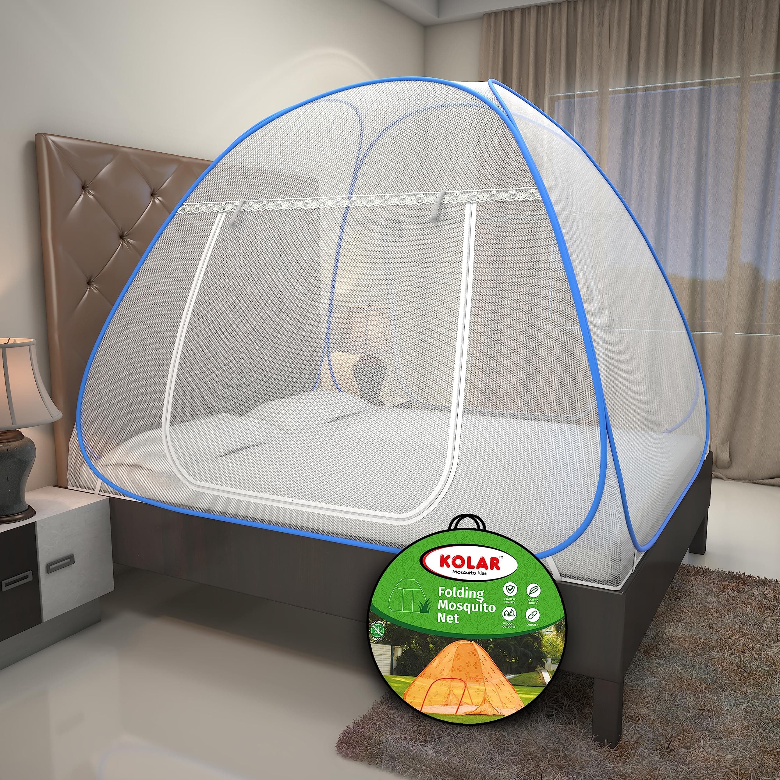 Kolar Mosquito Net for Double Bed, 6.5x6.5 Feet Premium Double Bed Machardani, Strong and Durable, Tent Type, Foldable, Corrosion Resistant, King Size, Blue