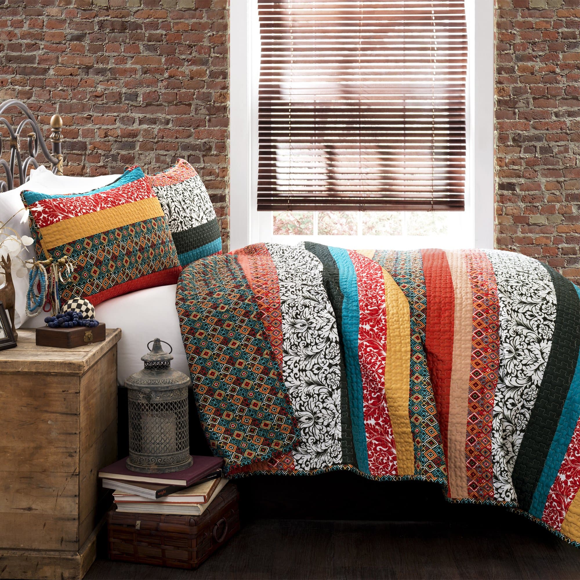 Lush Decor Boho Stripe Reversible Cotton Quilt 3-Piece Set, Full/ Queen, Turq...