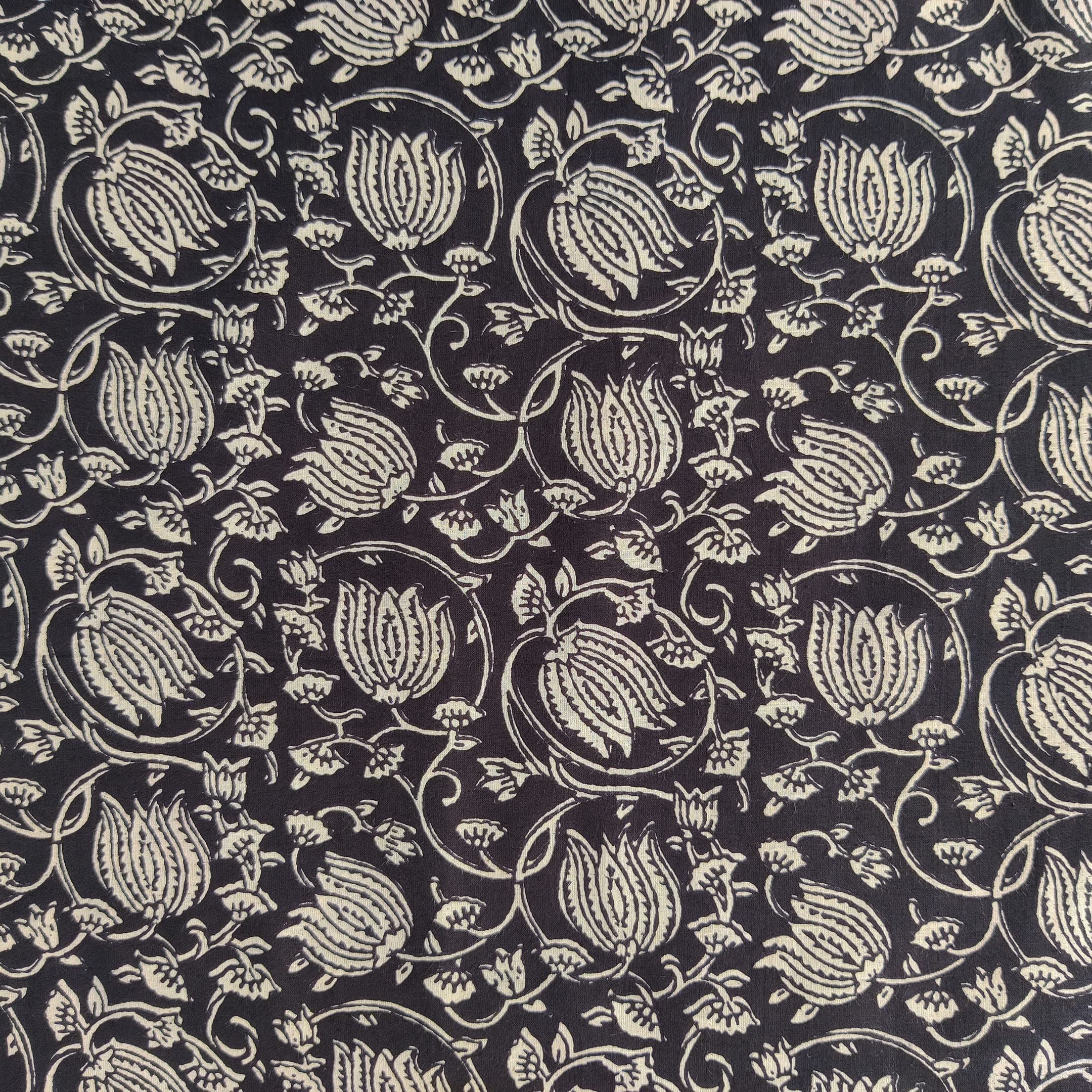 Craftbot Hand Block Print Fabric by The Yard - PRECUT 3 Yards 42 inch Width - 100% Cotton Material - Black and Cream Floral Pattern - Light Weight Cloth for Making Kurti Summer Dress etc, 44 Inches