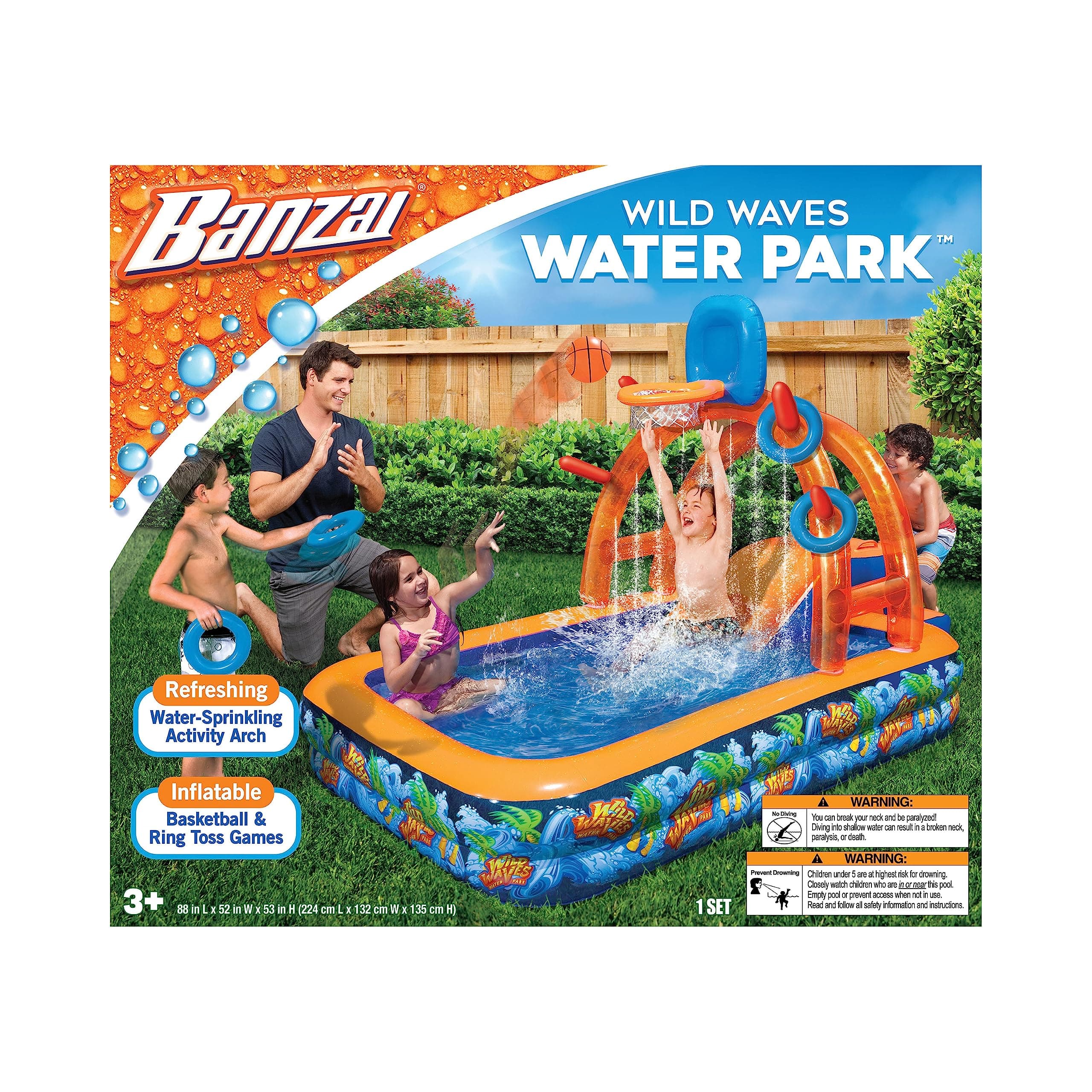 Wild Waves Water Park, Length: 88 in, Width: 52 in, Height: 53 in, Inflatable Outdoor Backyard Water Splash Toy