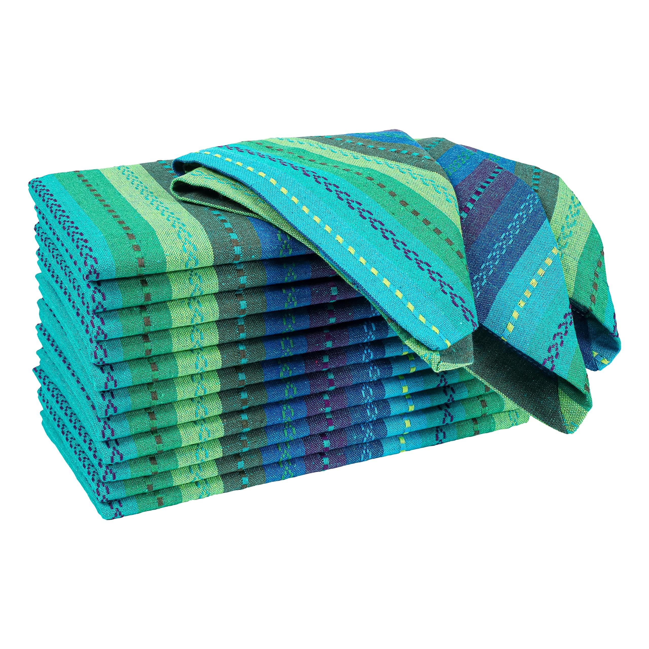 Ramanta Home 12-Pack Salsa Stripe 100% Cotton Dinner Napkin Oversized 20x20 with Mitered Corners & Generous Hem - Teal Multi
