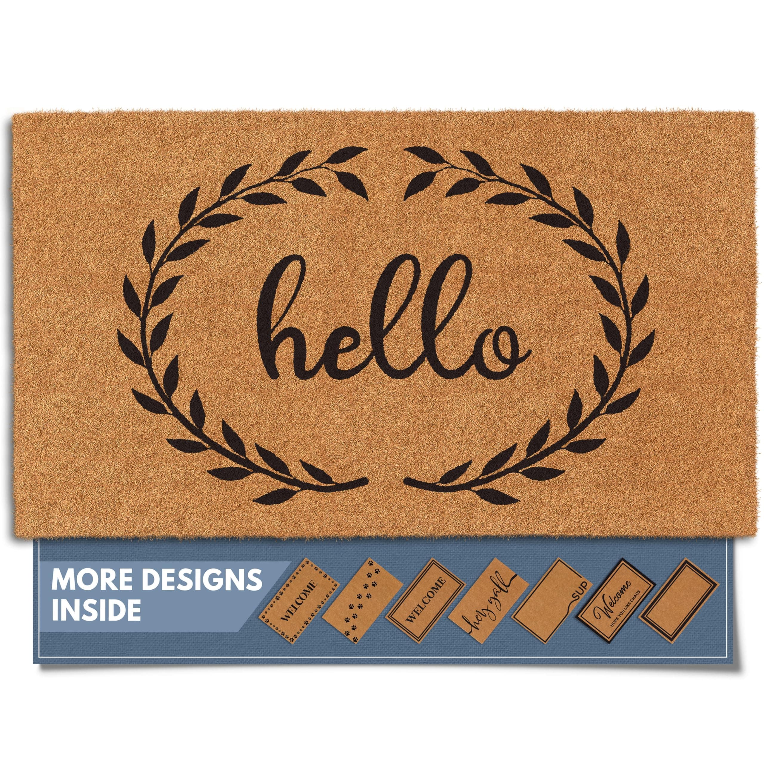 Natural Coco Coir Heavy Duty Backing Doormat - Large Cute Non-Slip Front Door Welcome Mat for Outside Entrance or Porch Entry, Brown (17x30, Hello Wreath)