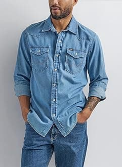 Men's Denim Light Wash Long Sleeve Snap Shirt
