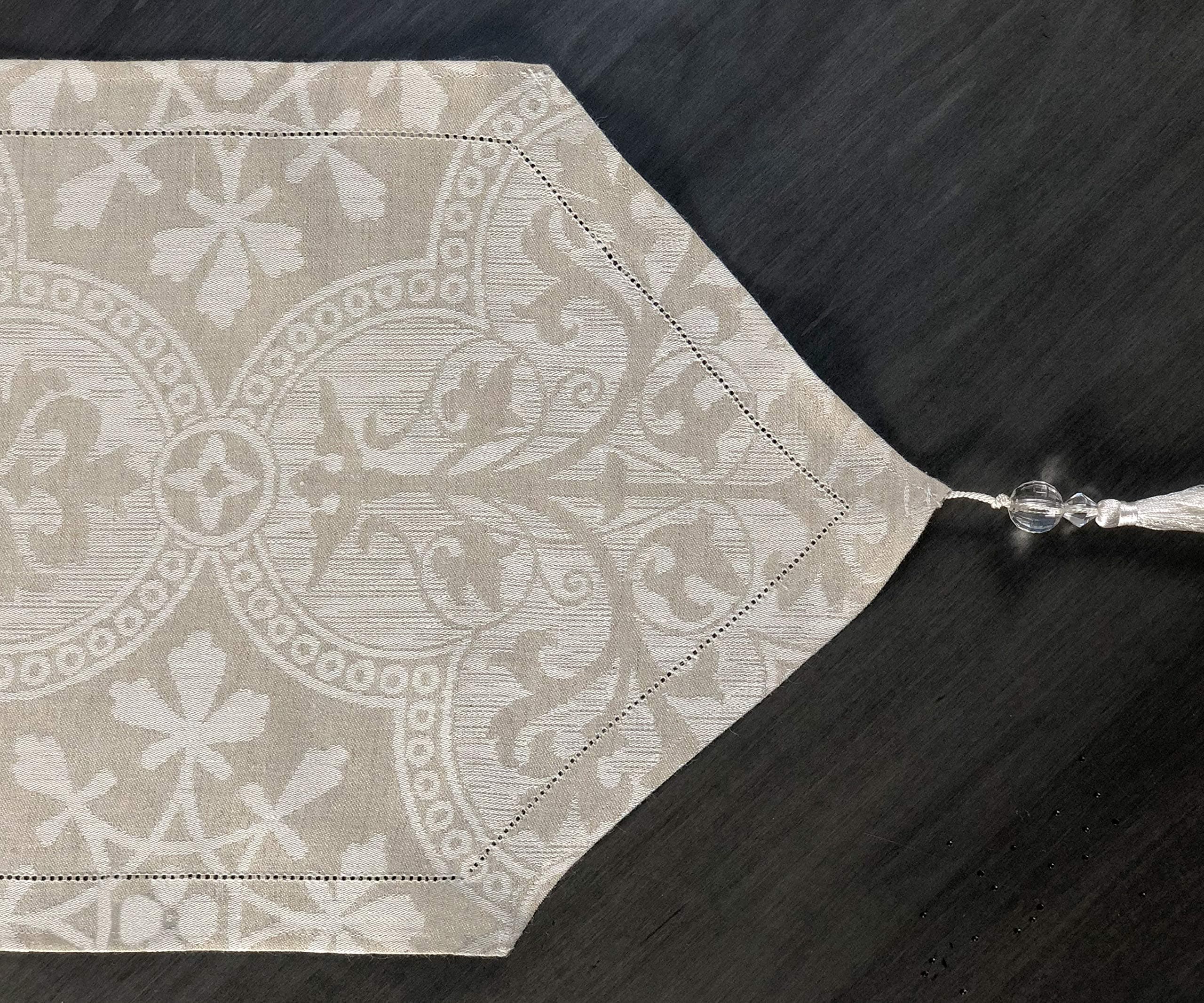 Thomas Ferguson Heritage Natural Linen Damask Tasseled Punchspoked Table Runner 12in x 54in (30cm x 137cm)