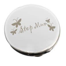 Silver Finish Engraved Step Mum Butterfly Round Compact Mirror Great Gift Idea for Mummy Birthday Christmas Gifts Mothers Day Present